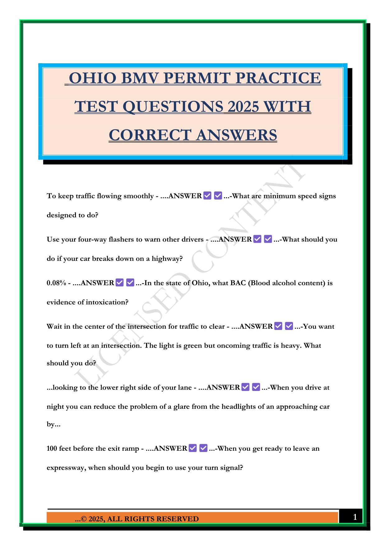 OHIO BMV PERMIT PRACTICE TEST QUESTIONS 2025 WITH CORRECT ANSWERS