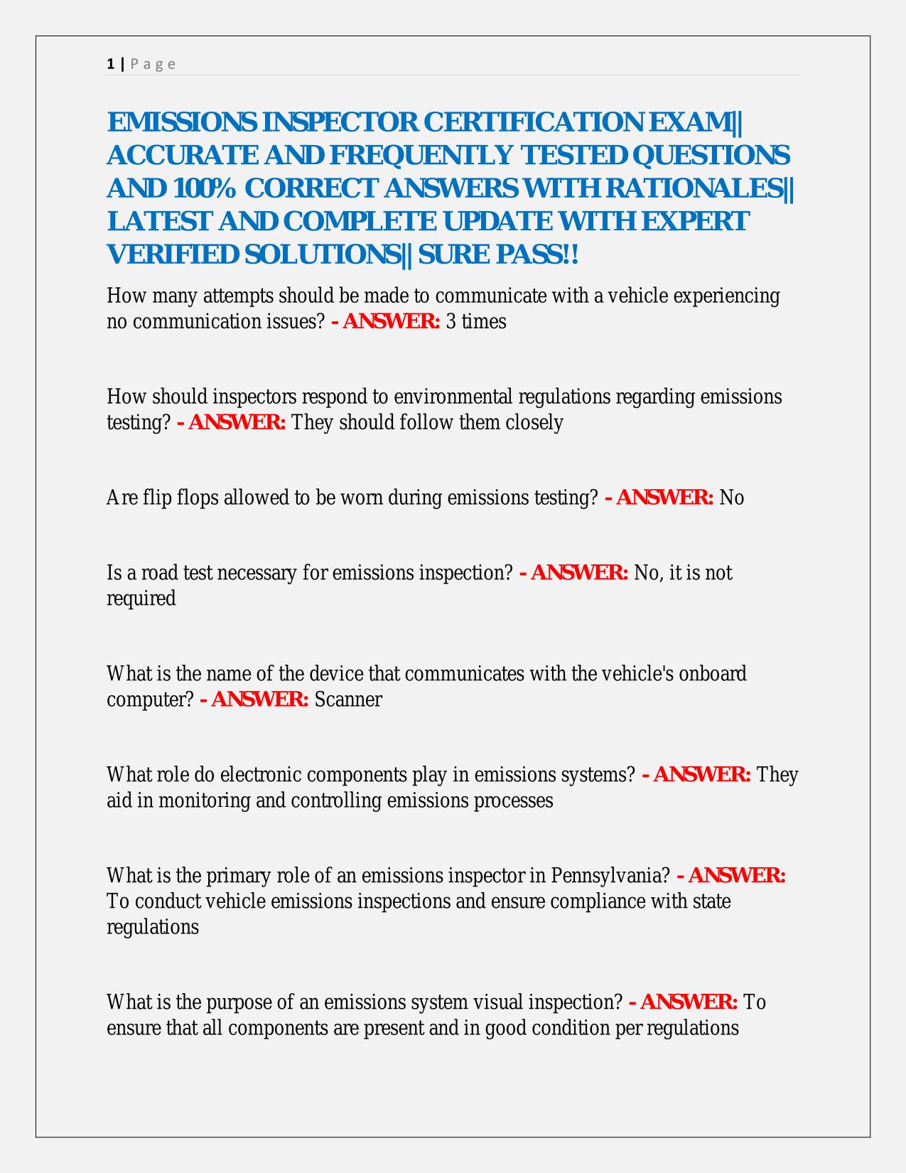 EMISSIONS INSPECTOR CERTIFICATION EXAM|| ACCURATE AND FREQUENTLY TESTED QUESTIONS AND 100% CORRECT ANSWERS WITH RATIONALES|| LATEST AND COMPLETE UPDATE WITH EXPERT VERIFIED SOLUTIONS|| SURE PASS!!