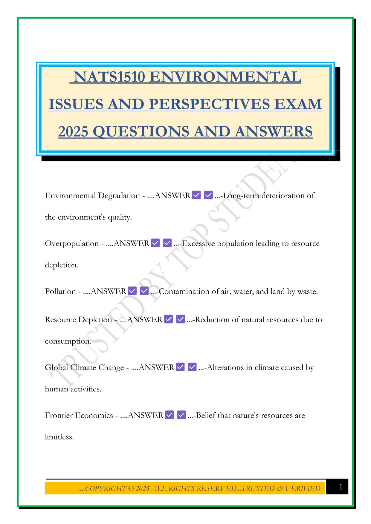 NATS1510 ENVIRONMENTAL ISSUES AND PERSPECTIVES EXAM 2025 QUESTIONS AND ANSWERS