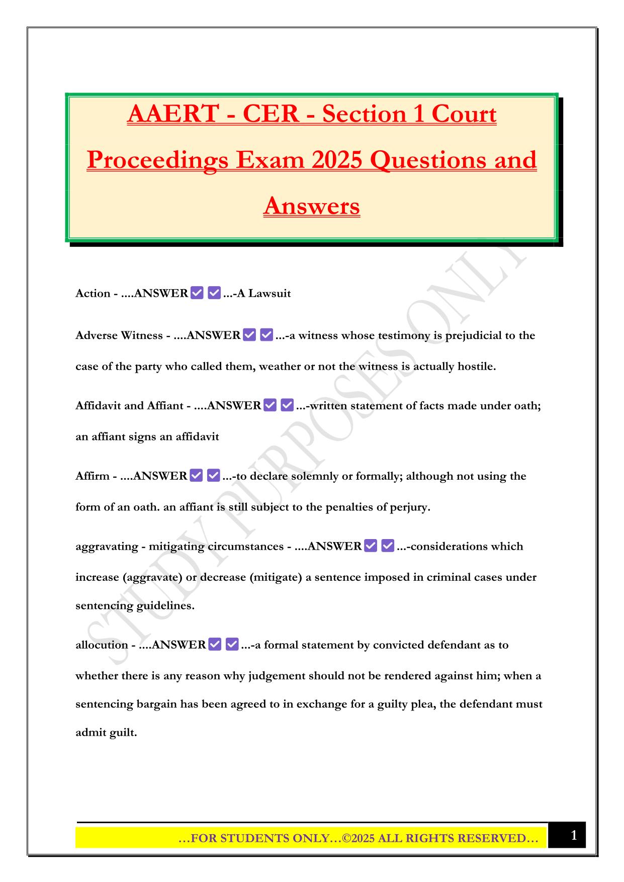 AAERT - CER - Section 1 Court Proceedings Exam 2025 Questions and Answers