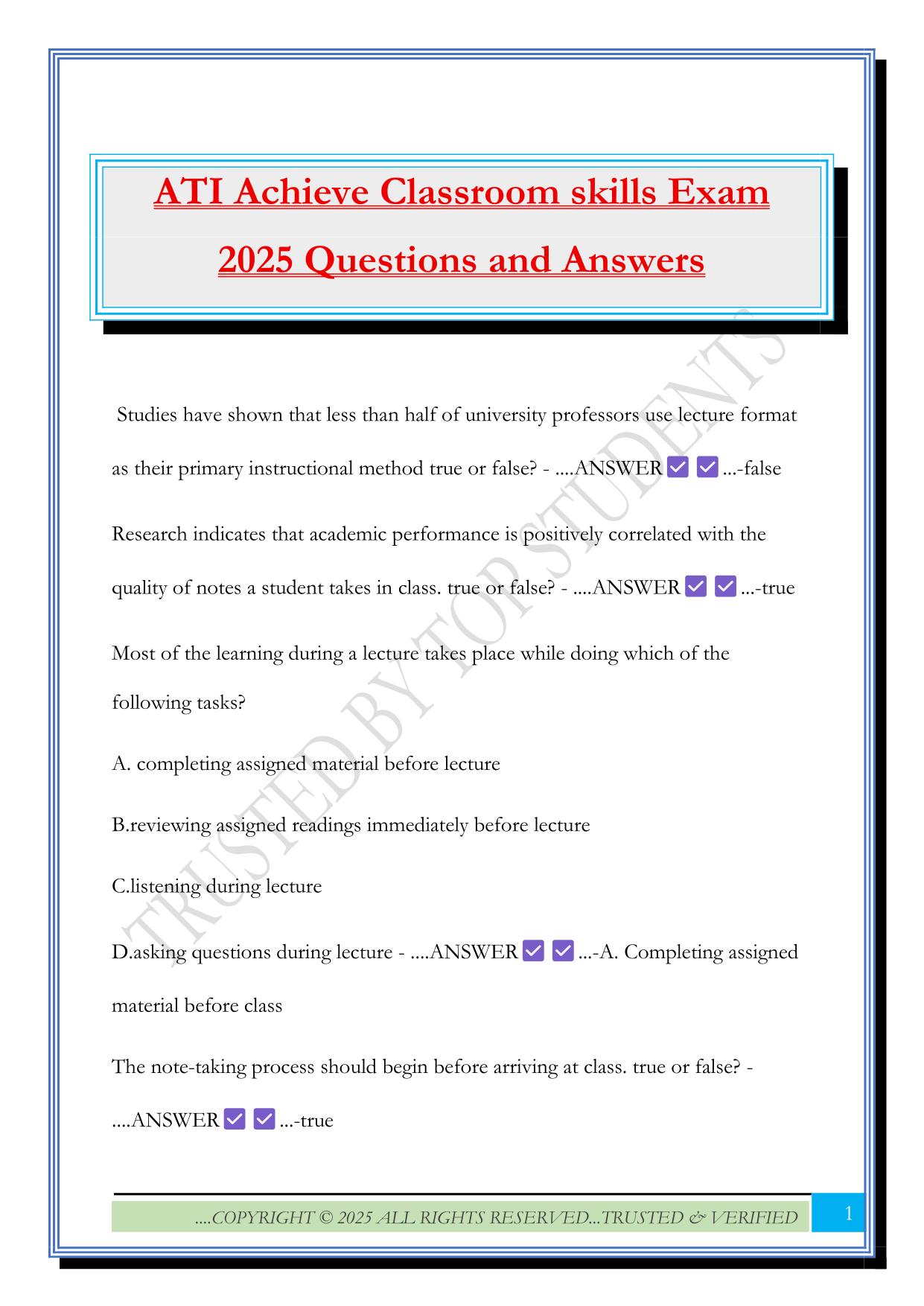 ATI Achieve Classroom skills Exam 2025 Questions and Answers