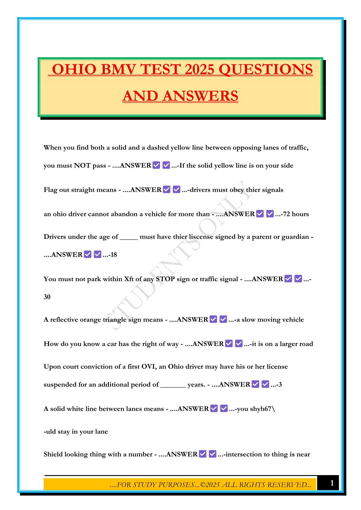 OHIO BMV TEST 2025 QUESTIONS AND ANSWERS