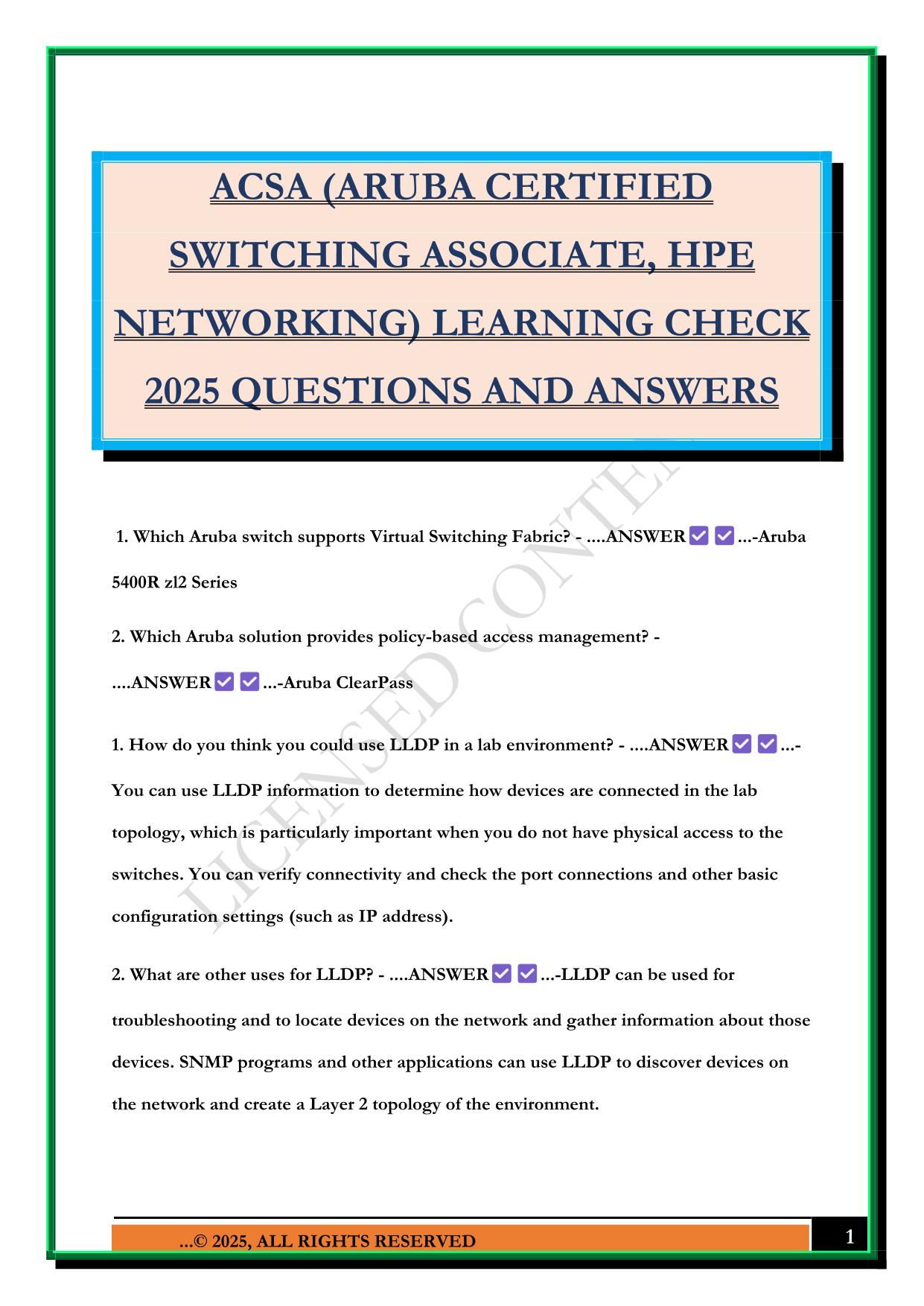 ACSA (ARUBA CERTIFIED SWITCHING ASSOCIATE, HPE NETWORKING) LEARNING CHECK 2025 QUESTIONS AND ANSWERS