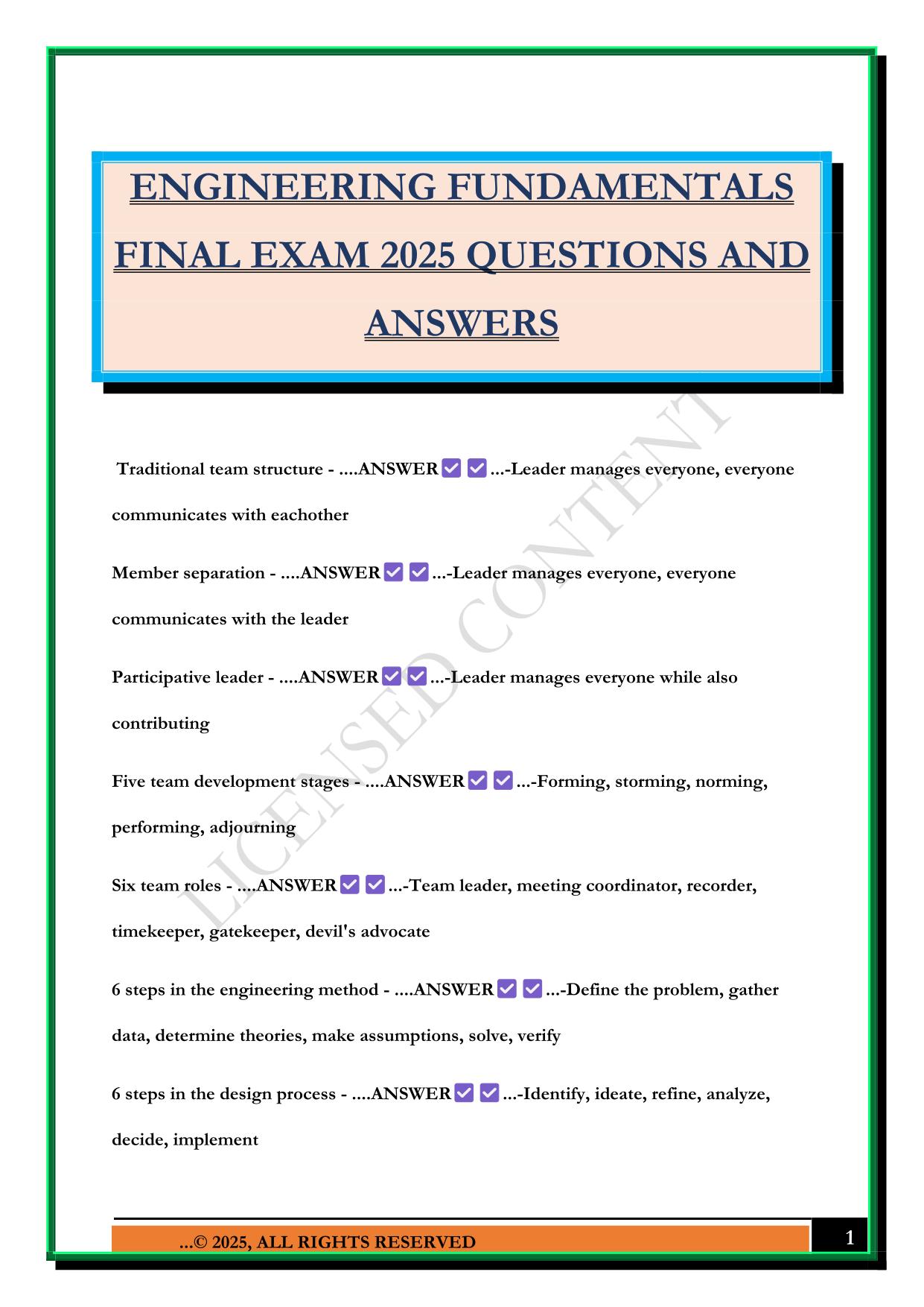 ENGINEERING FUNDAMENTALS FINAL EXAM 2025 QUESTIONS AND ANSWERS