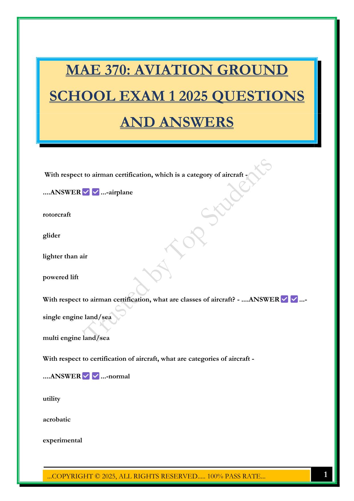 MAE 370: AVIATION GROUND SCHOOL EXAM 1 2025 QUESTIONS AND ANSWERS