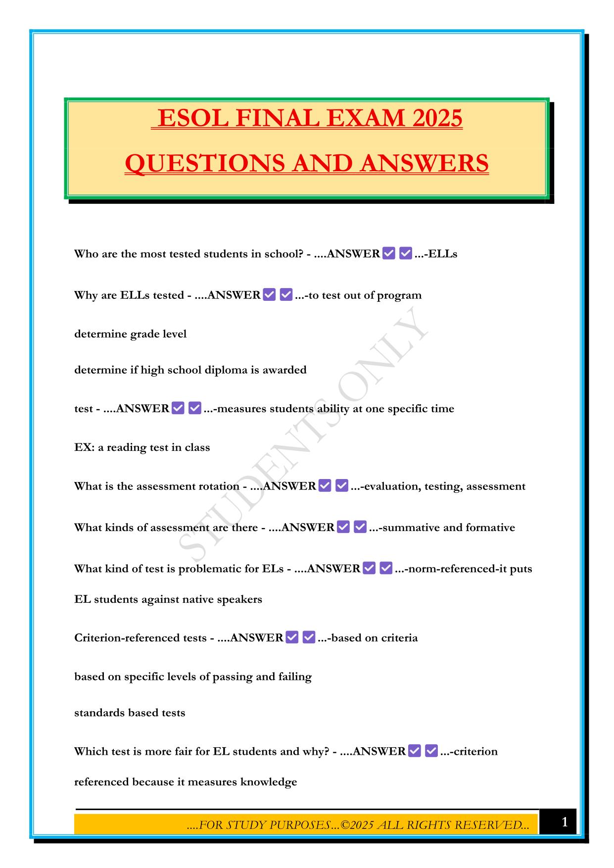 ESOL FINAL EXAM 2025 QUESTIONS AND ANSWERS