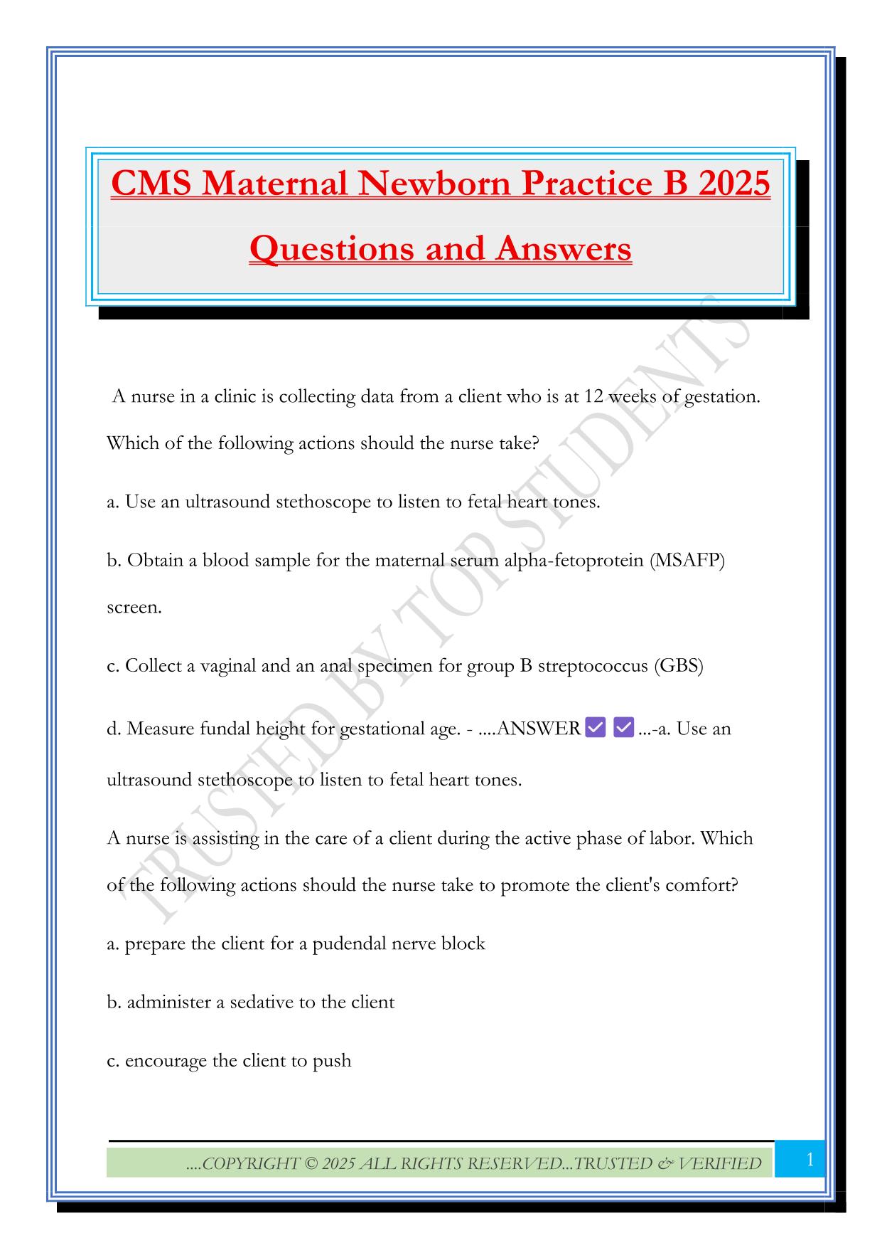 CMS Maternal Newborn Practice B 2025 Questions and Answers