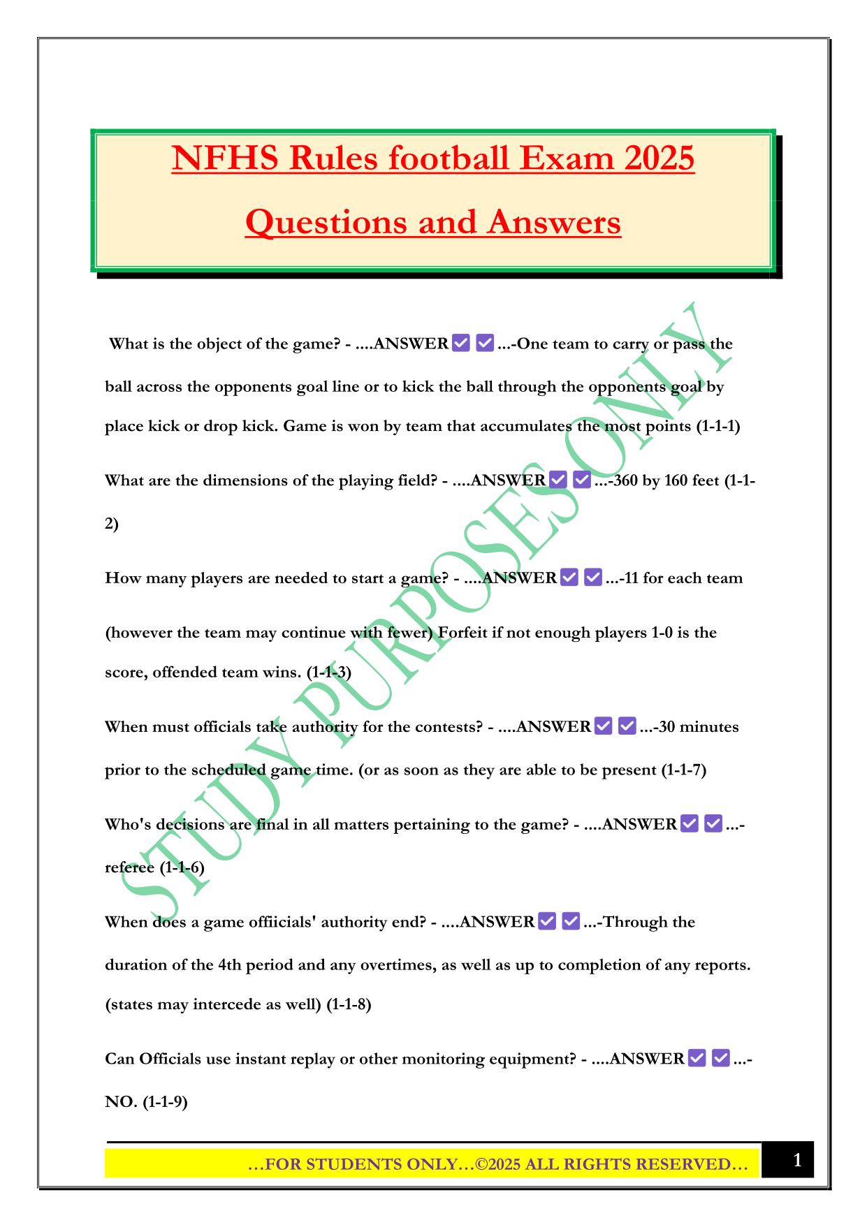 NFHS Rules football Exam 2025 Questions and Answers
