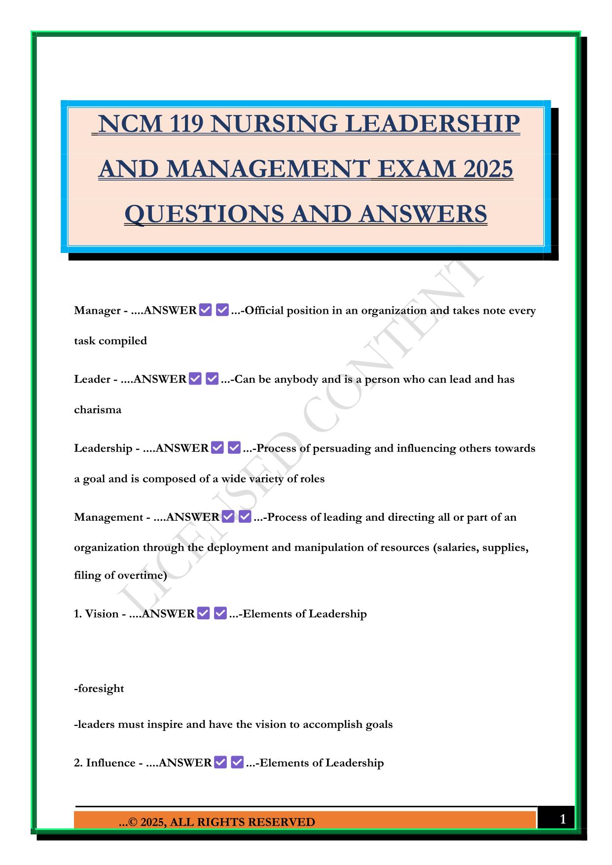 NCM 119 NURSING LEADERSHIP AND MANAGEMENT EXAM 2025 QUESTIONS AND ANSWERS