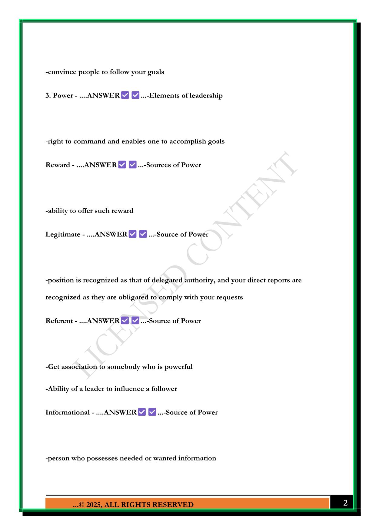 NCM 119 NURSING LEADERSHIP AND MANAGEMENT EXAM 2025 QUESTIONS AND ANSWERS