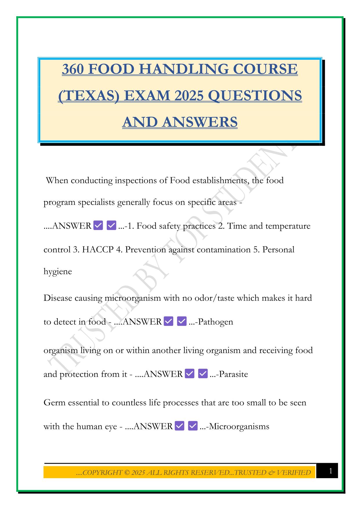 360 FOOD HANDLING COURSE (TEXAS) EXAM 2025 QUESTIONS AND ANSWERS