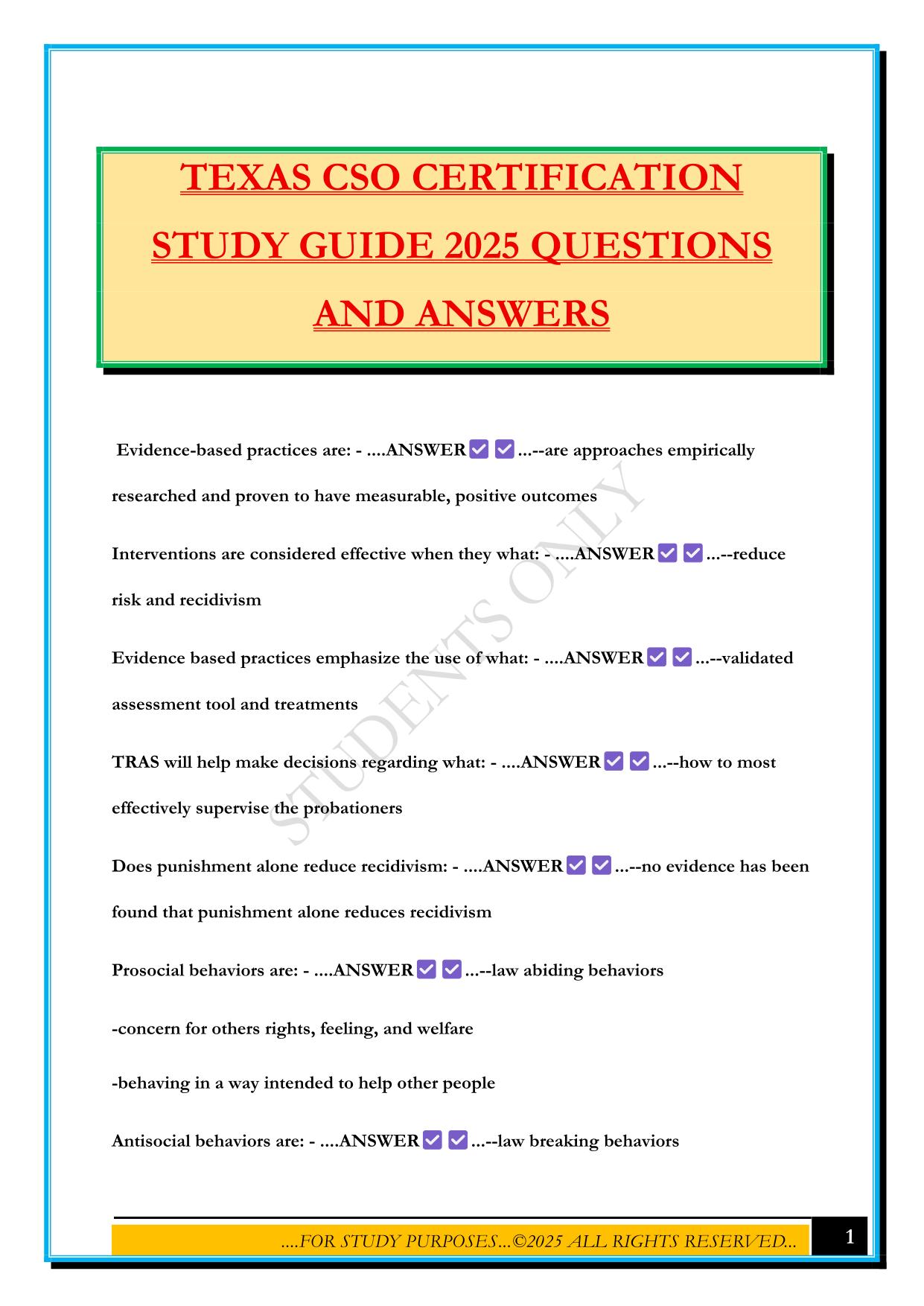TEXAS CSO CERTIFICATION STUDY GUIDE 2025 QUESTIONS AND ANSWERS