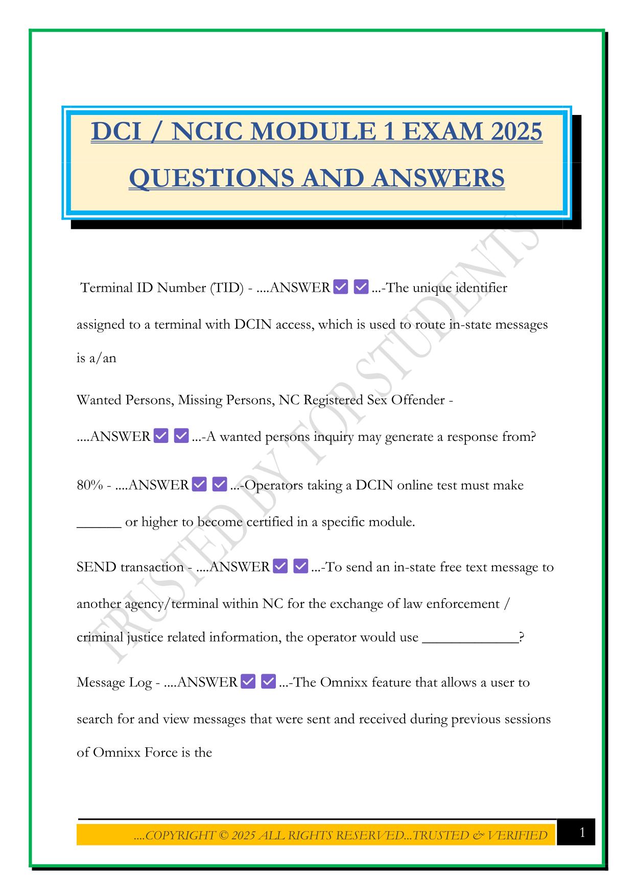 DCI / NCIC MODULE 1 EXAM 2025 QUESTIONS AND ANSWERS