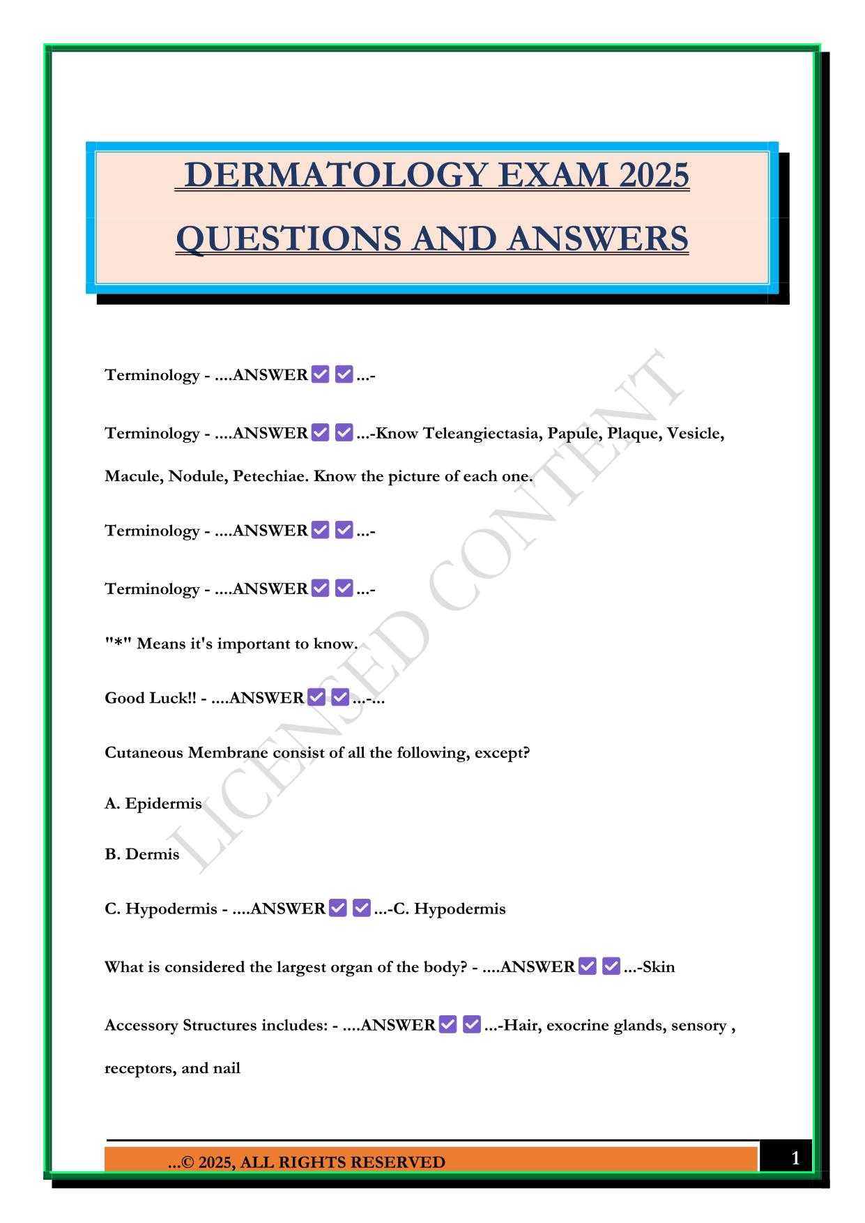 DERMATOLOGY EXAM 2025 QUESTIONS AND ANSWERS