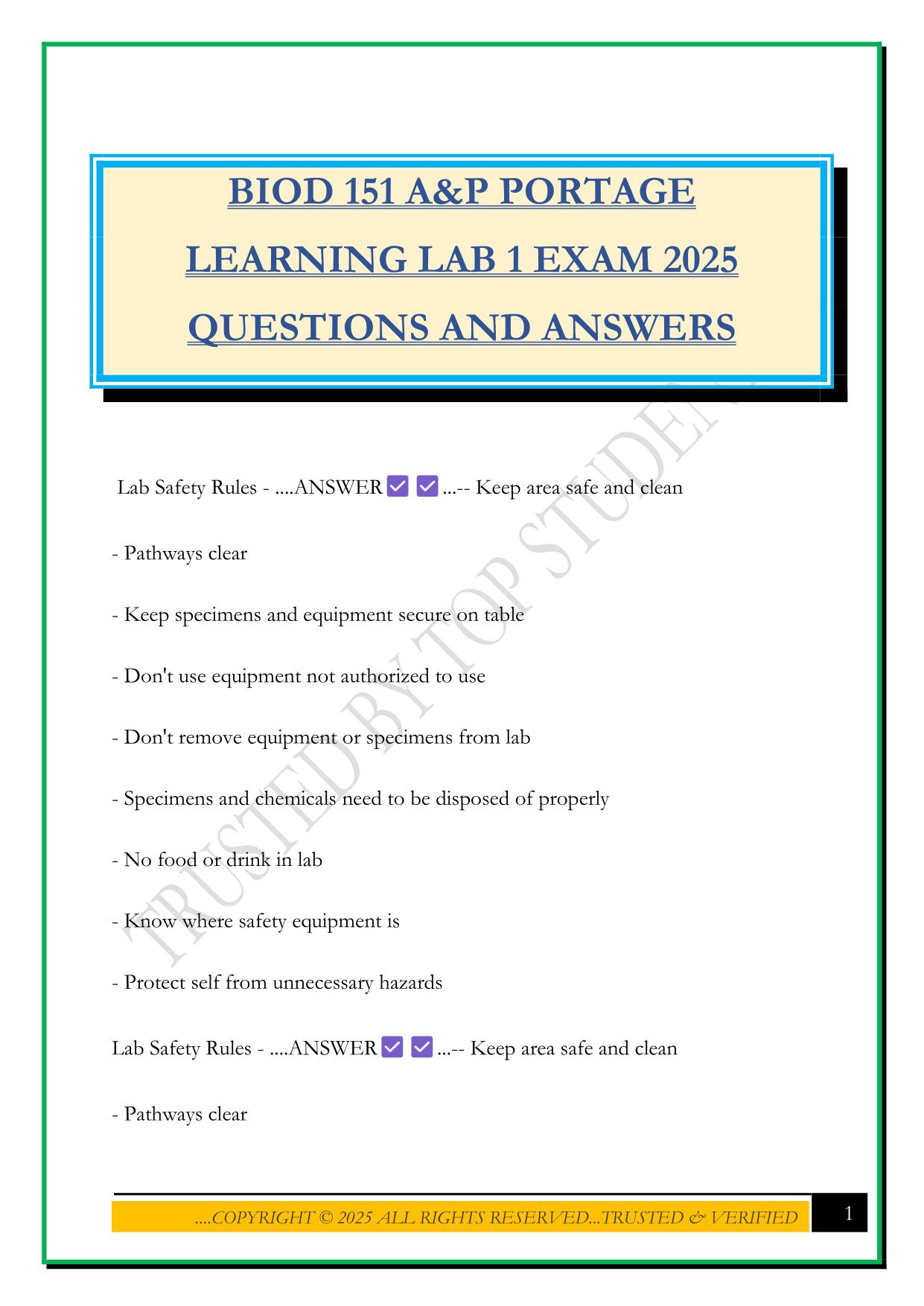 BIOD 151 A&P PORTAGE LEARNING LAB 1 EXAM 2025 QUESTIONS AND ANSWERS