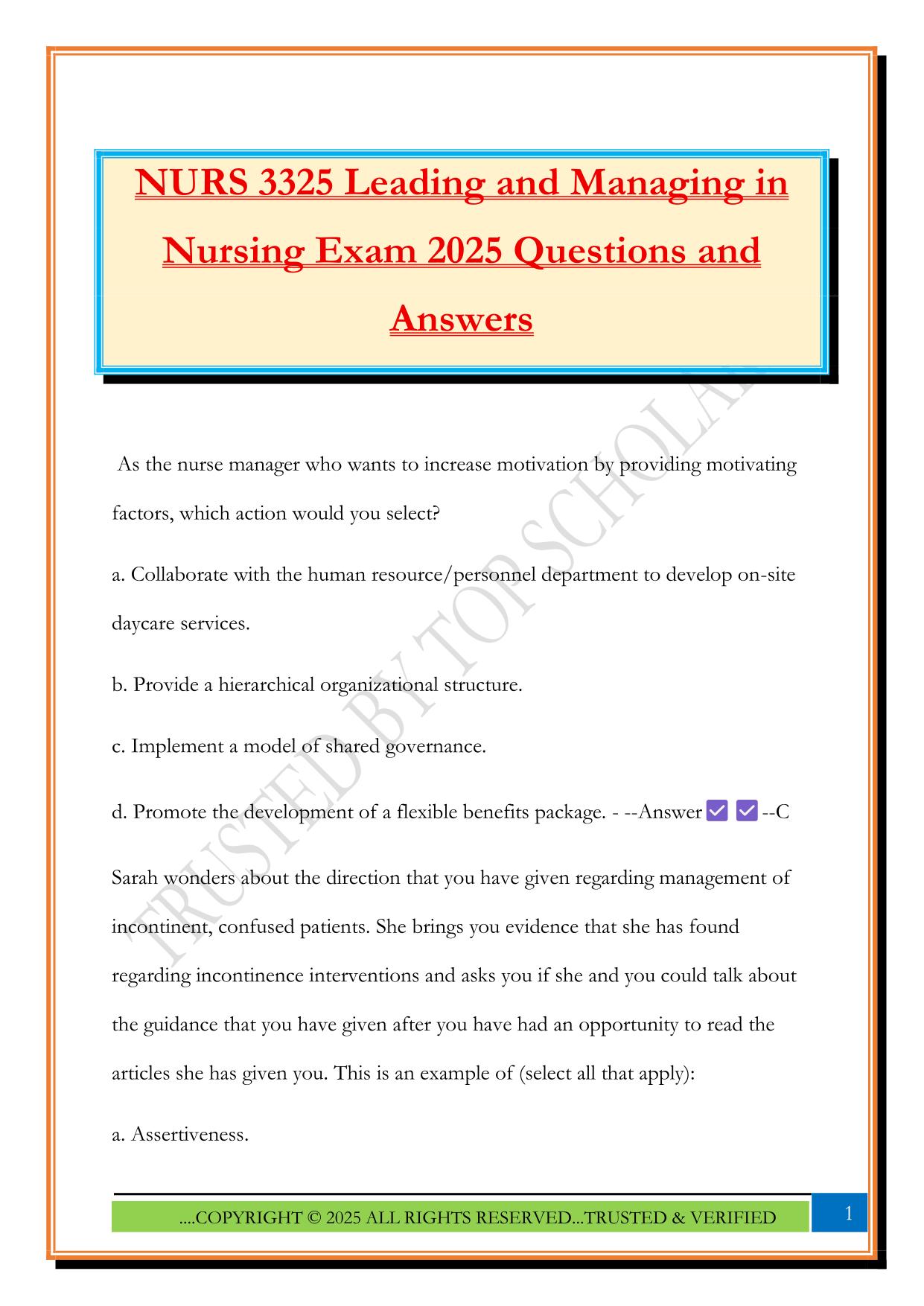 NURS 3325 Leading and Managing in Nursing Exam 2025 Questions and Answers