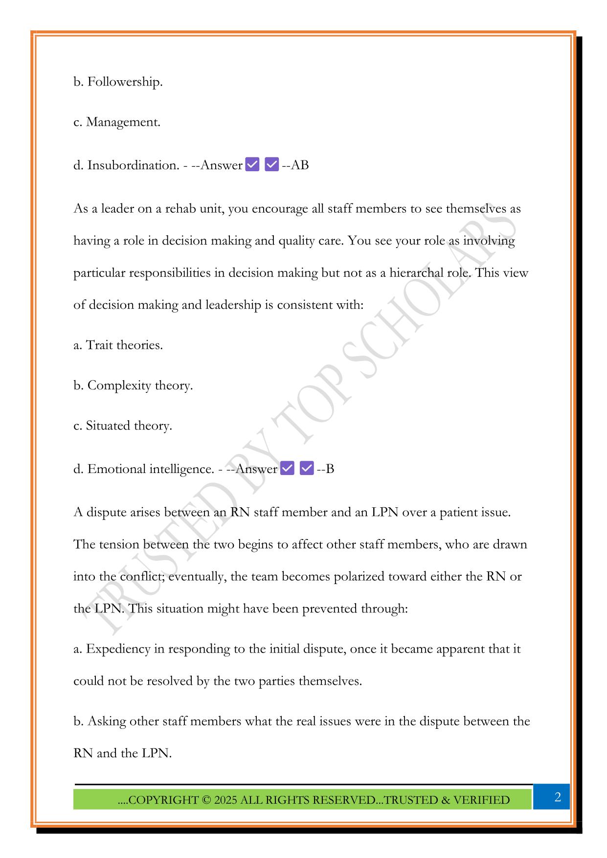 NURS 3325 Leading and Managing in Nursing Exam 2025 Questions and Answers