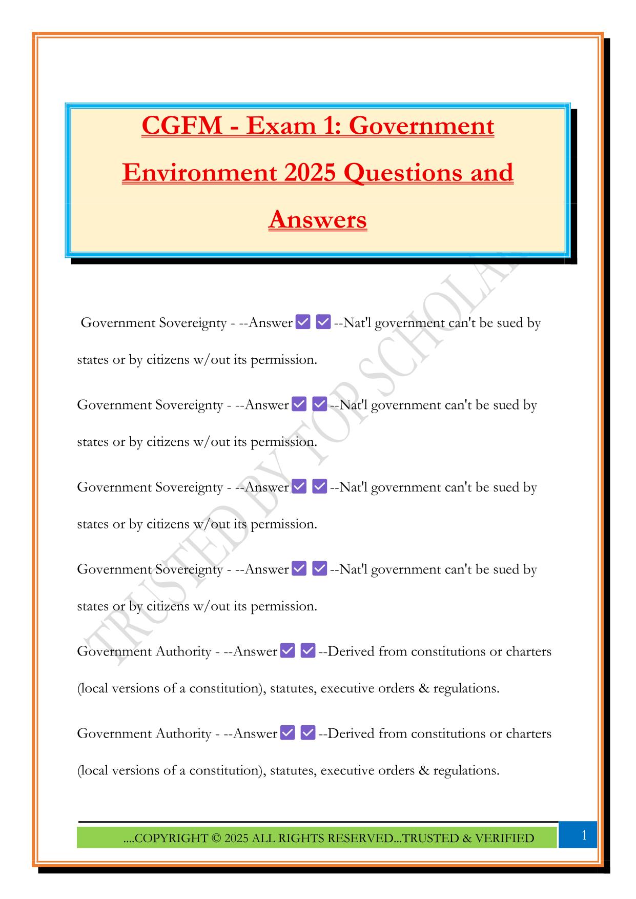 CGFM - Exam 1: Government Environment 2025 Questions and Answers