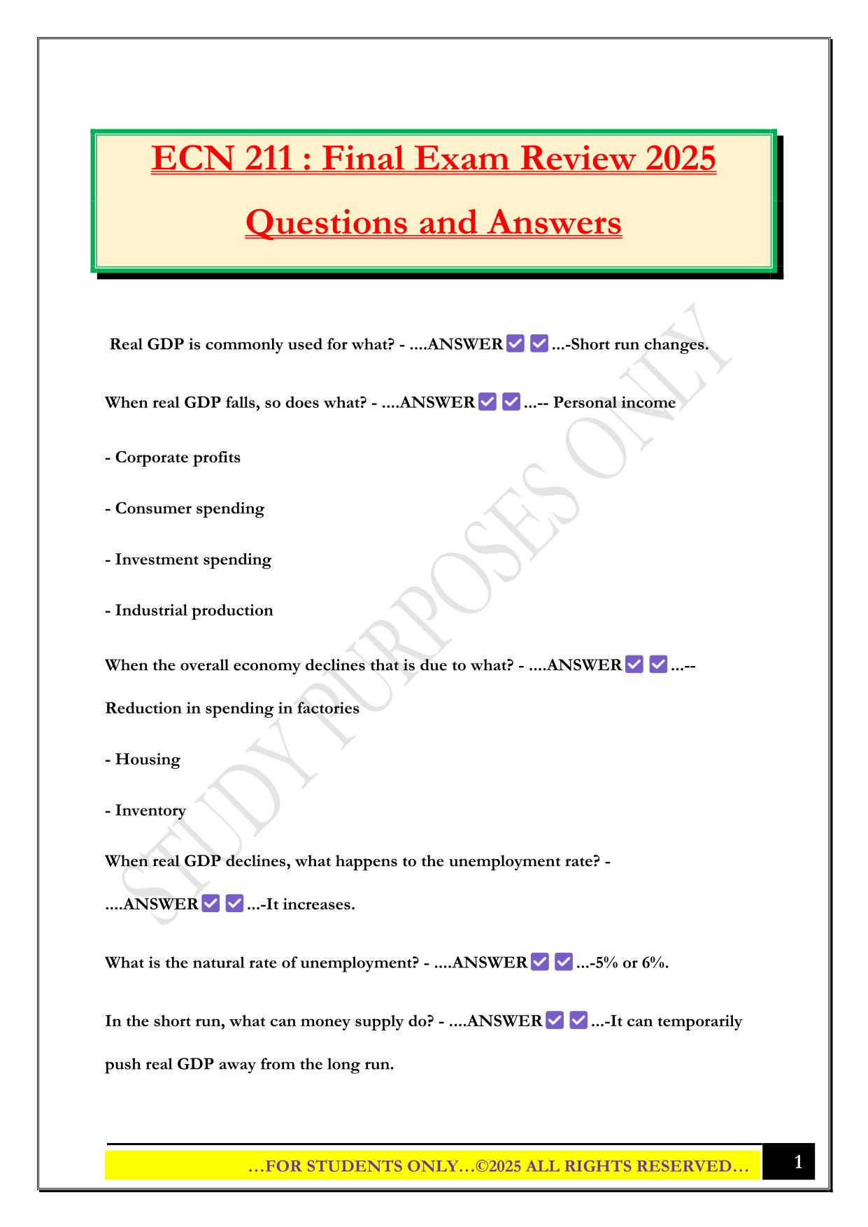 ECN 211 : Final Exam Review 2025 Questions and Answers