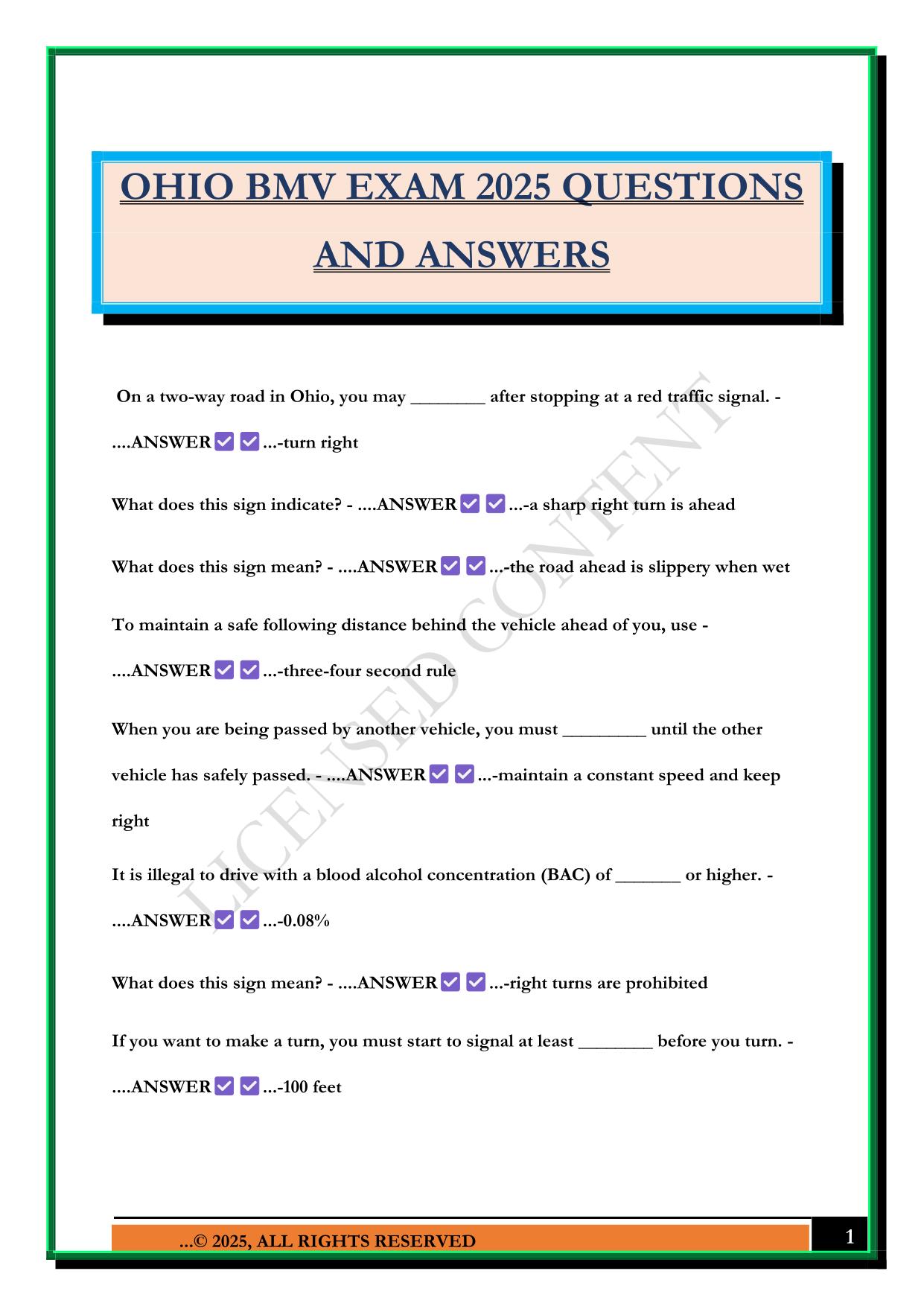 OHIO BMV EXAM 2025 QUESTIONS AND ANSWERS