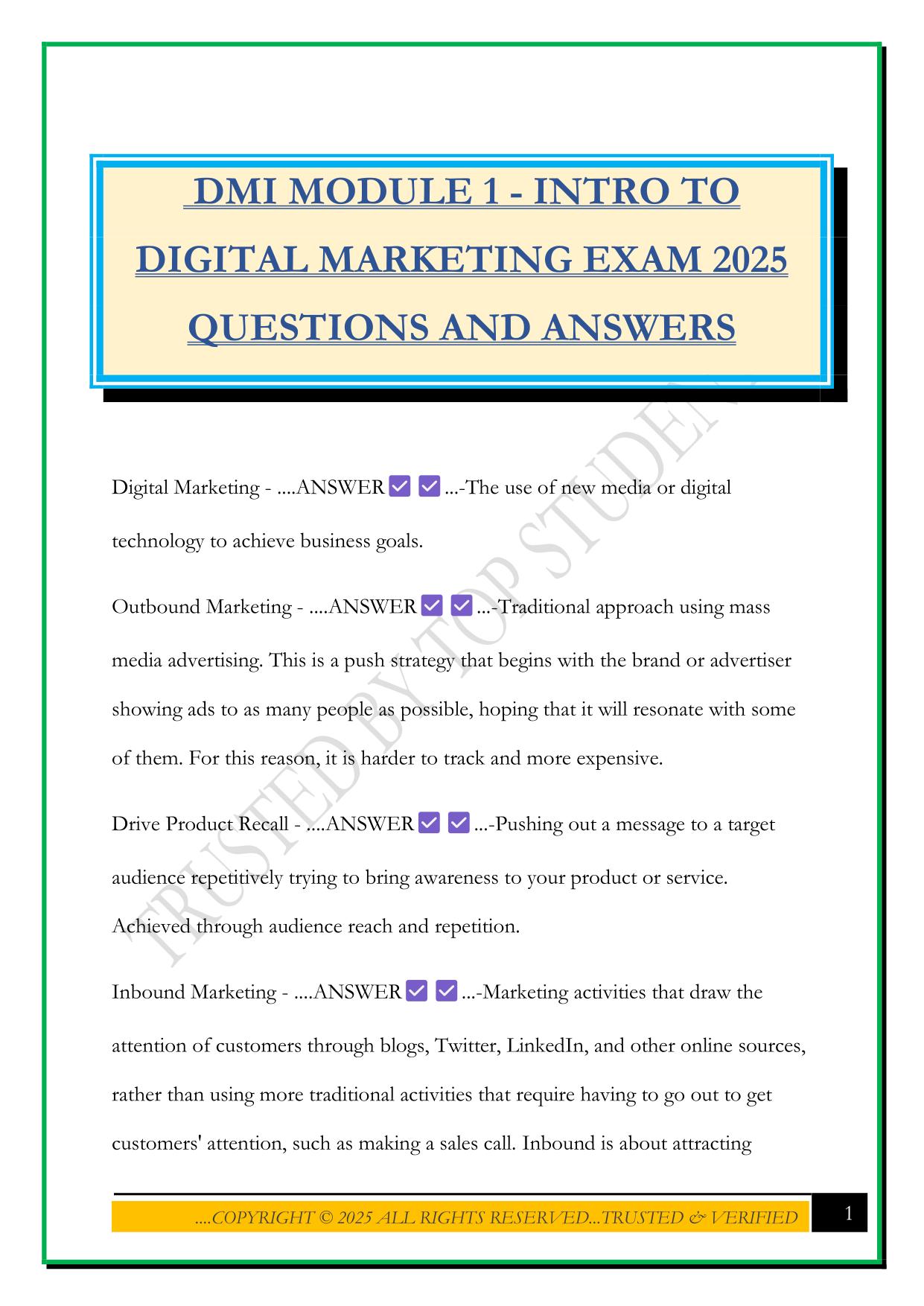 DMI MODULE 1 - INTRO TO DIGITAL MARKETING EXAM 2025 QUESTIONS AND ANSWERS