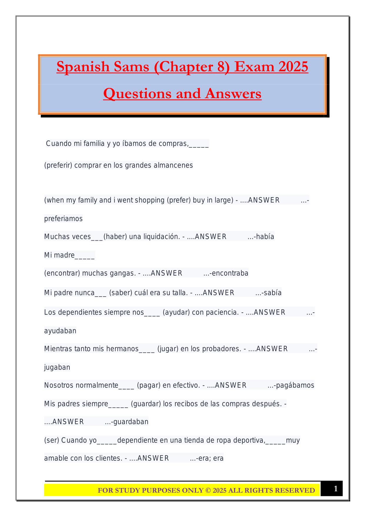 Spanish Sams (Chapter 8) Exam 2025 Questions and Answers
