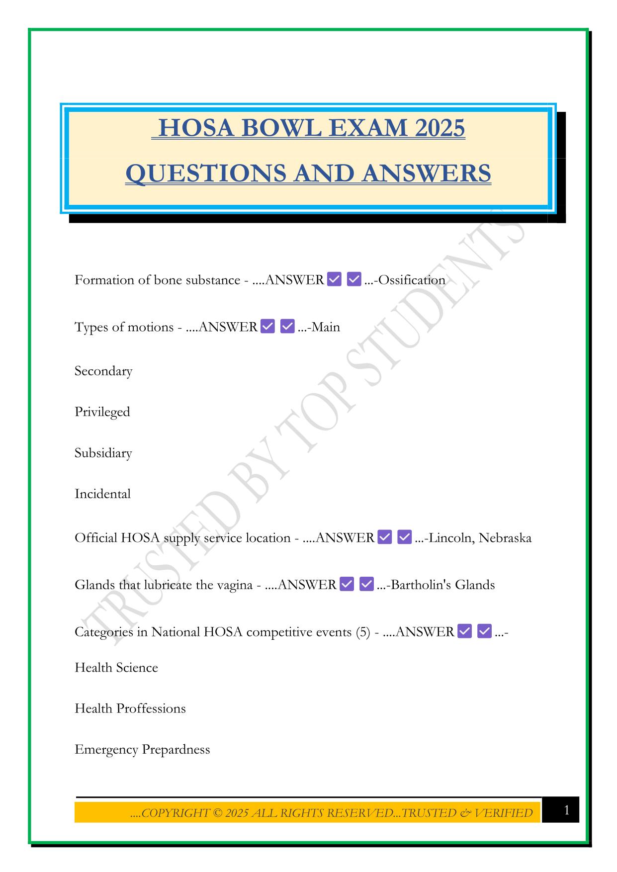 HOSA BOWL EXAM 2025 QUESTIONS AND ANSWERS