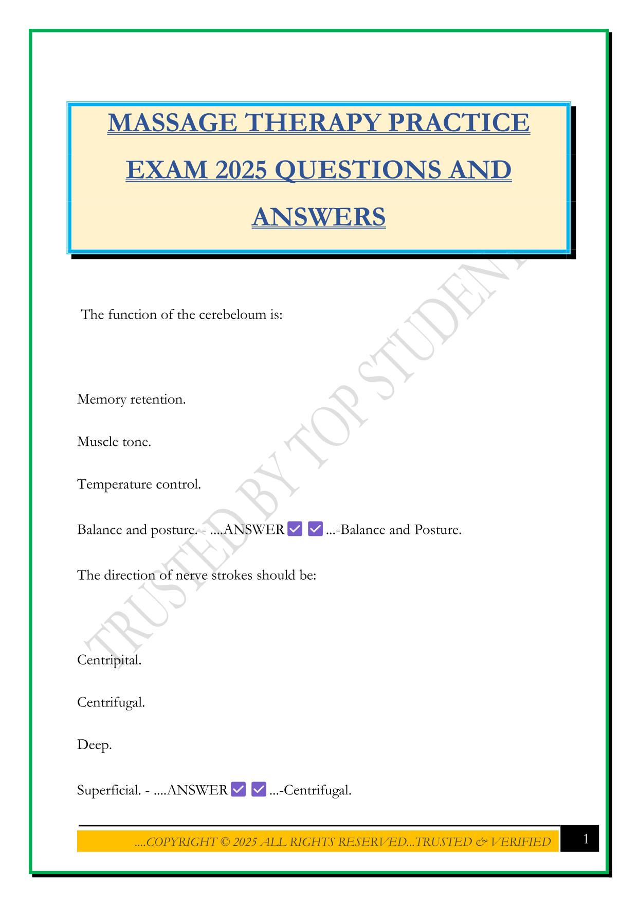 MASSAGE THERAPY PRACTICE EXAM 2025 QUESTIONS AND ANSWERS
