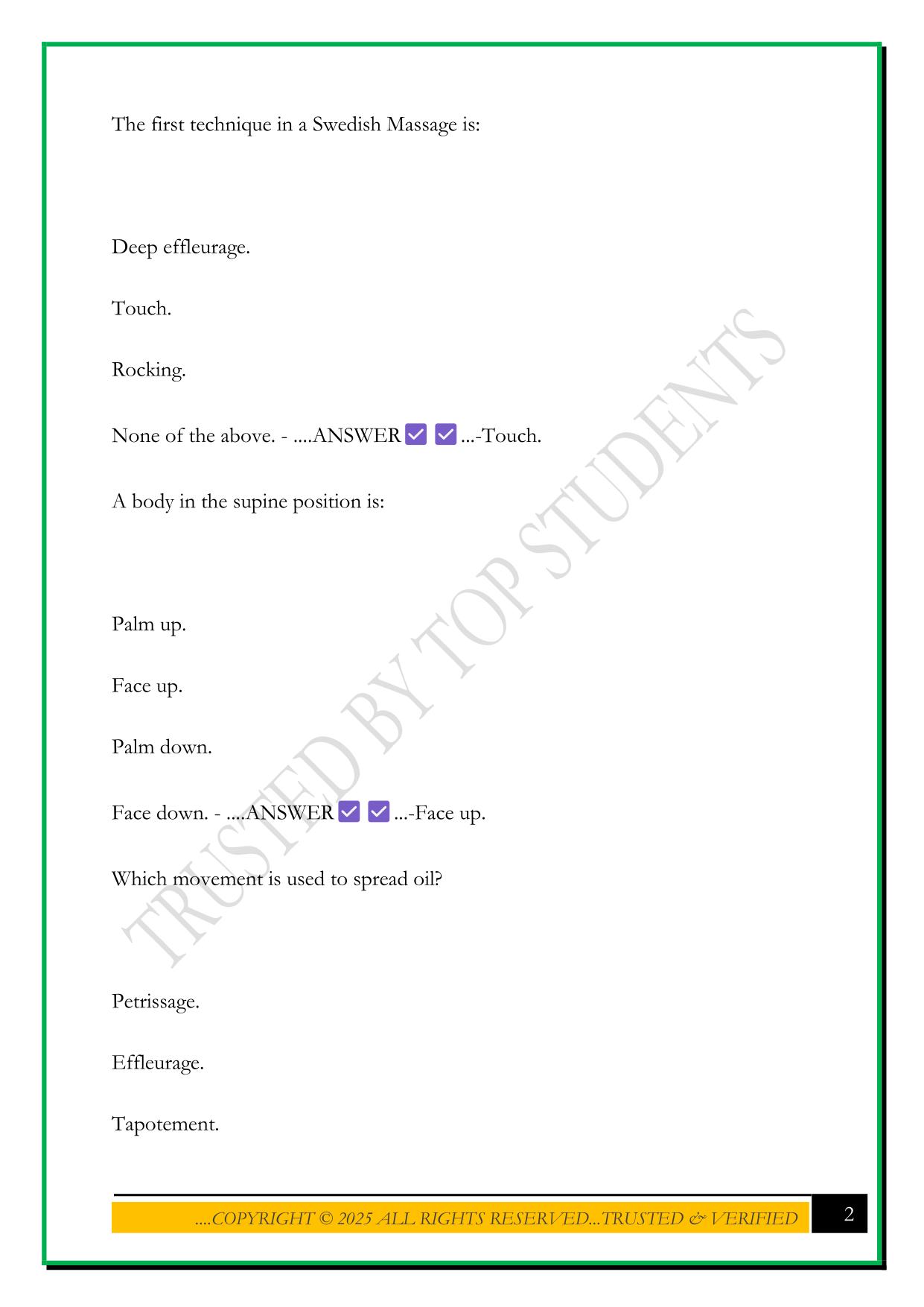 MASSAGE THERAPY PRACTICE EXAM 2025 QUESTIONS AND ANSWERS