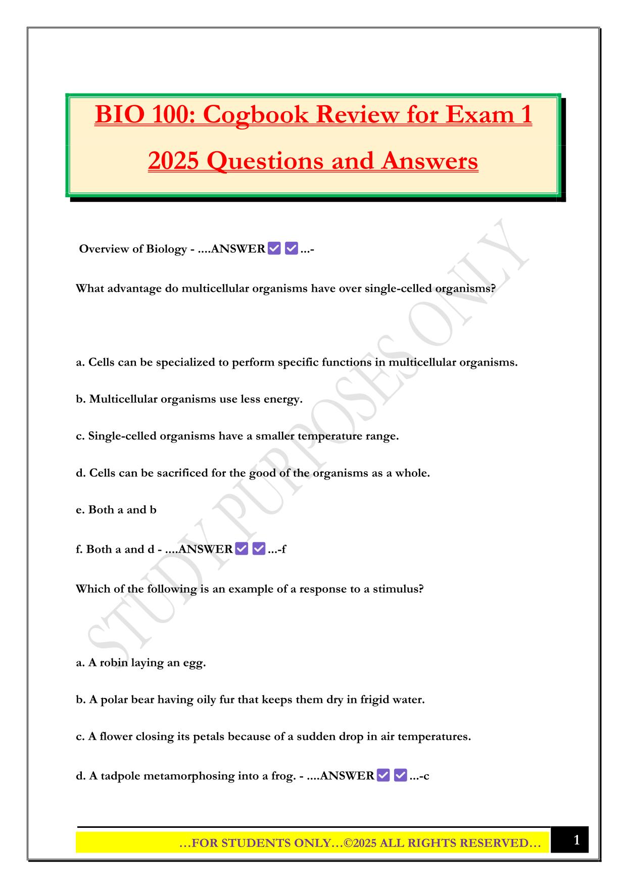 BIO 100: Cogbook Review for Exam 1 2025 Questions and Answers
