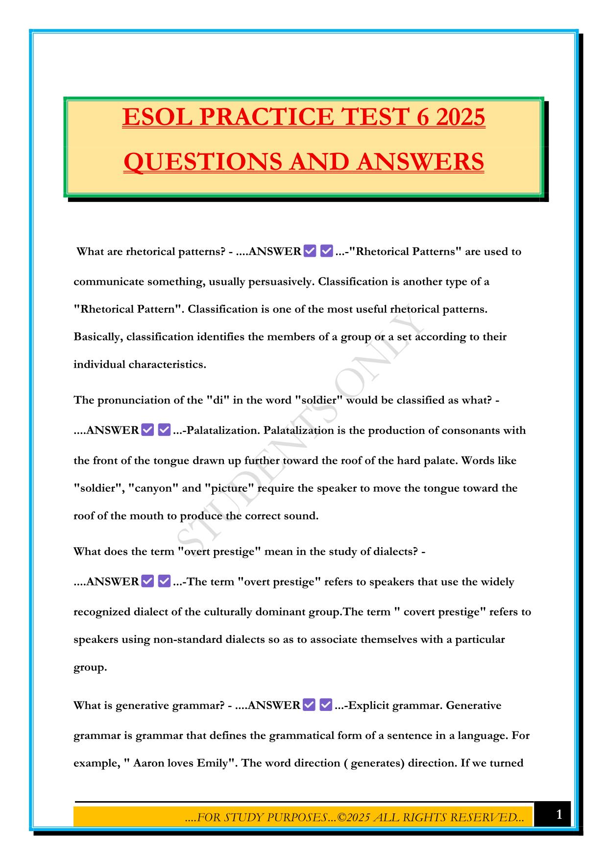 ESOL PRACTICE TEST 6 2025 QUESTIONS AND ANSWERS
