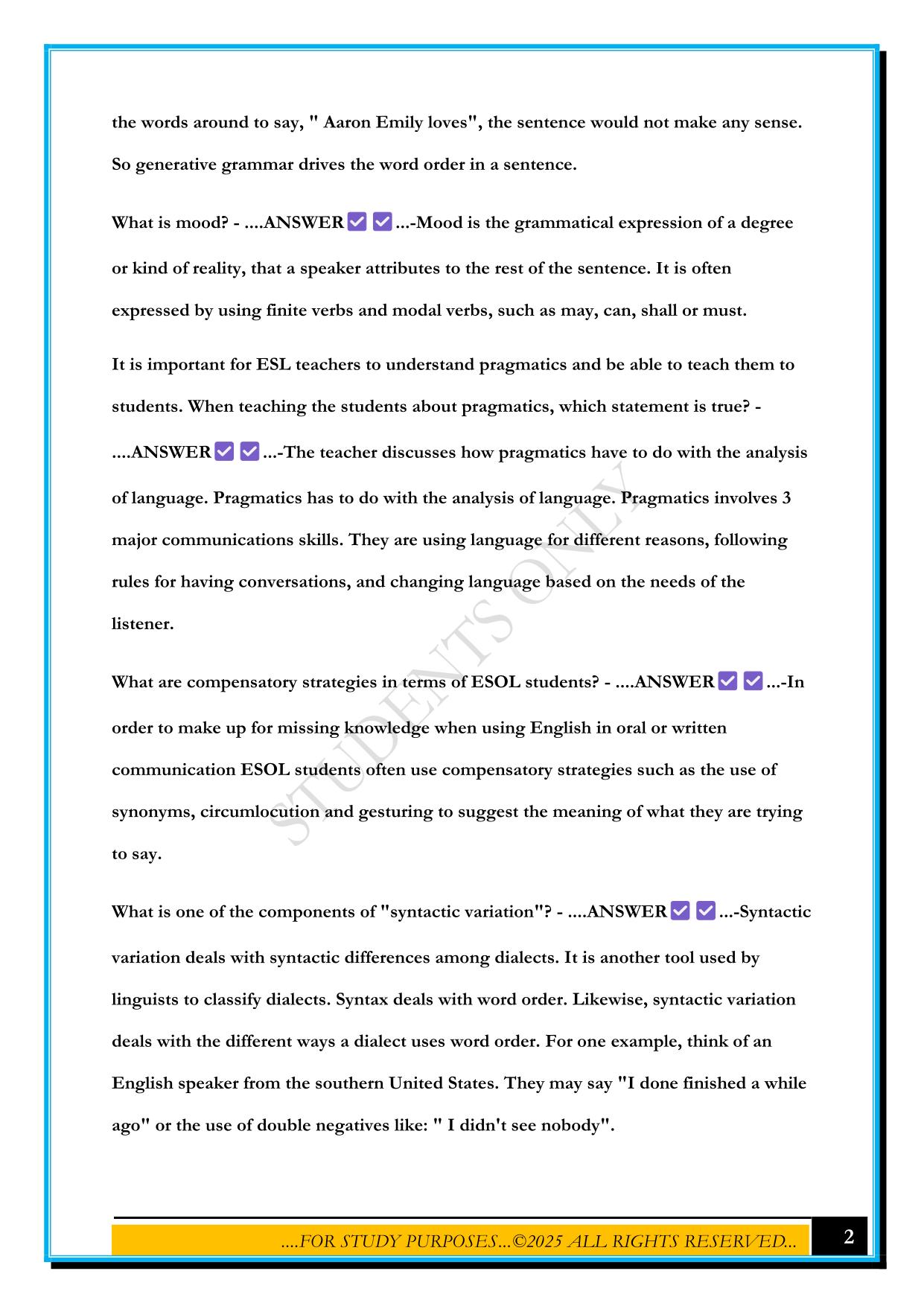 ESOL PRACTICE TEST 6 2025 QUESTIONS AND ANSWERS