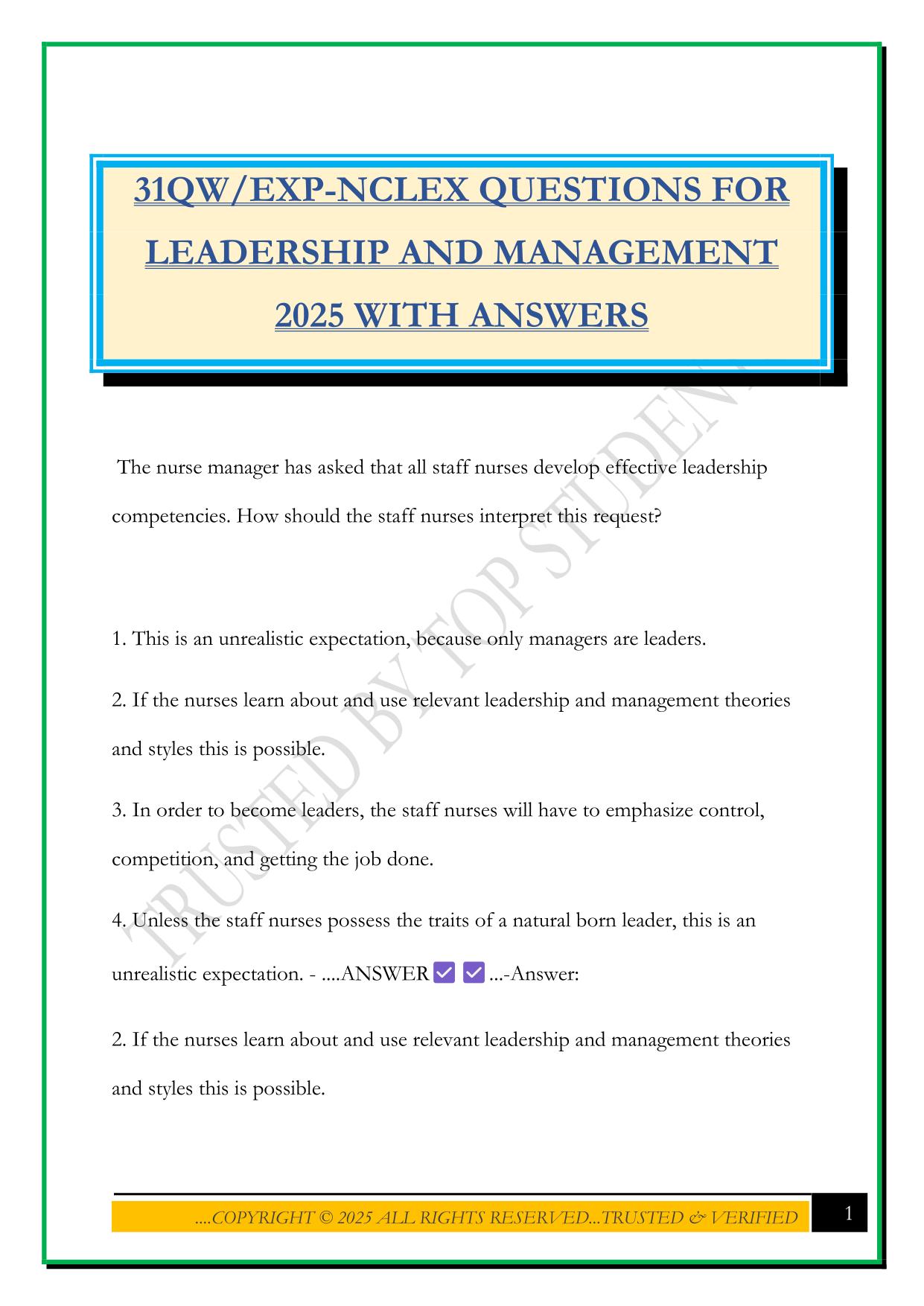 31QW/EXP-NCLEX QUESTIONS FOR LEADERSHIP AND MANAGEMENT 2025 WITH ANSWERS