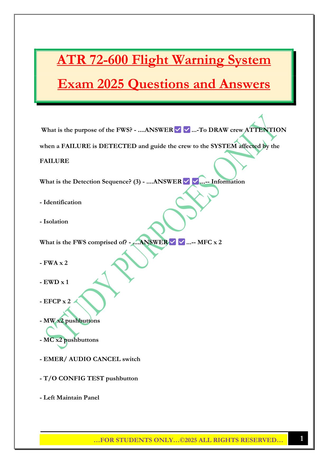 ATR 72-600 Flight Warning System Exam 2025 Questions and Answers