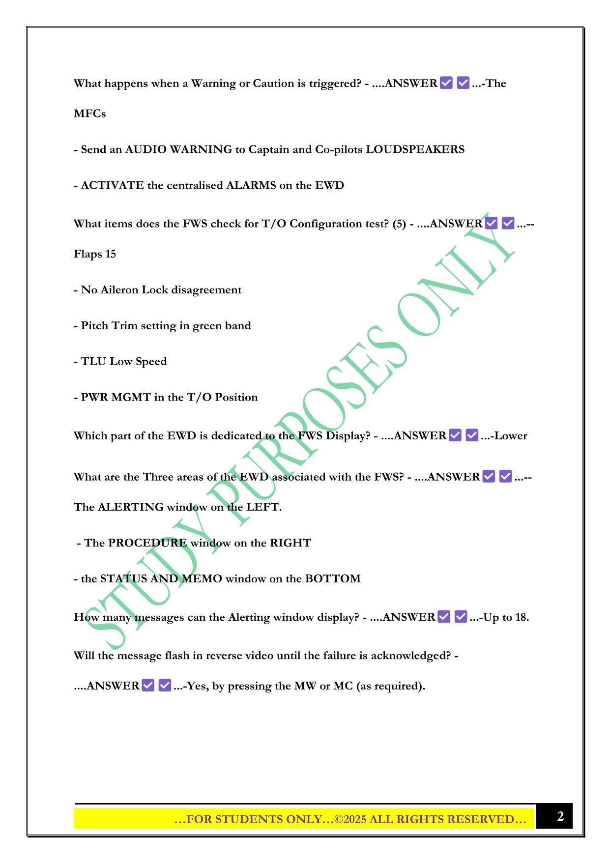 ATR 72-600 Flight Warning System Exam 2025 Questions and Answers