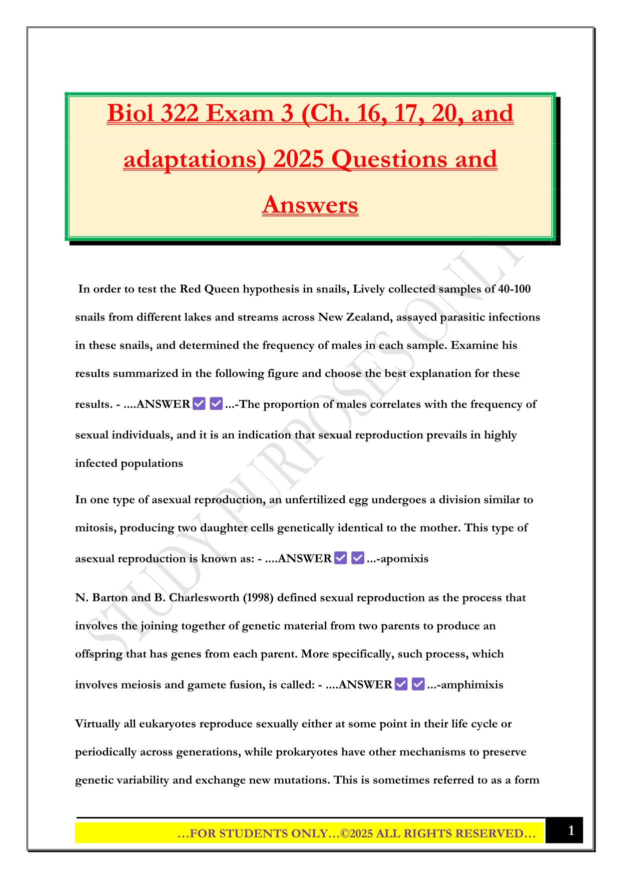 Biol 322 Exam 3 (Ch. 16, 17, 20, and adaptations) 2025 Questions and Answers