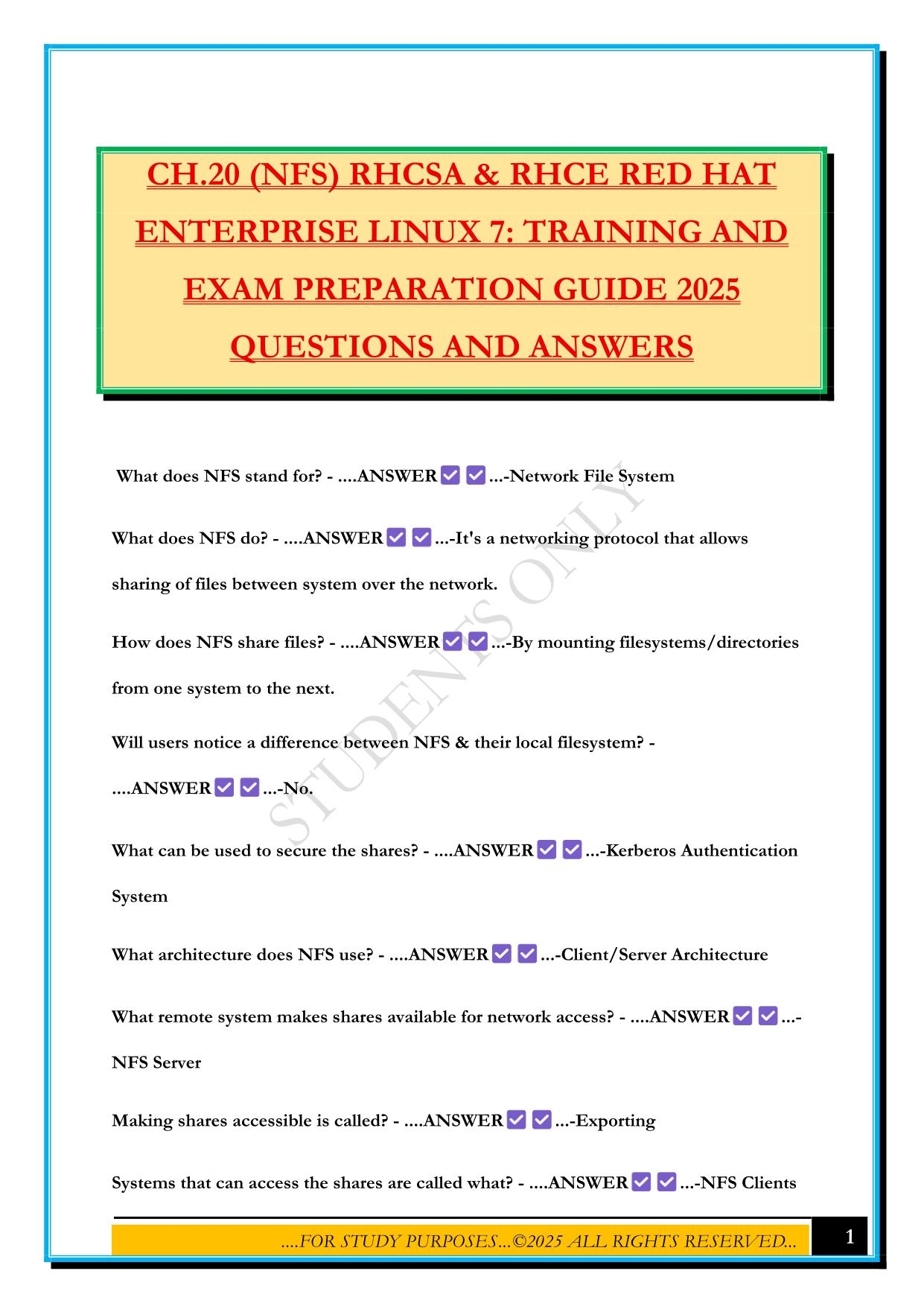 CH.20 (NFS) RHCSA & RHCE RED HAT ENTERPRISE LINUX 7: TRAINING AND EXAM PREPARATION GUIDE 2025 QUESTIONS AND ANSWERS
