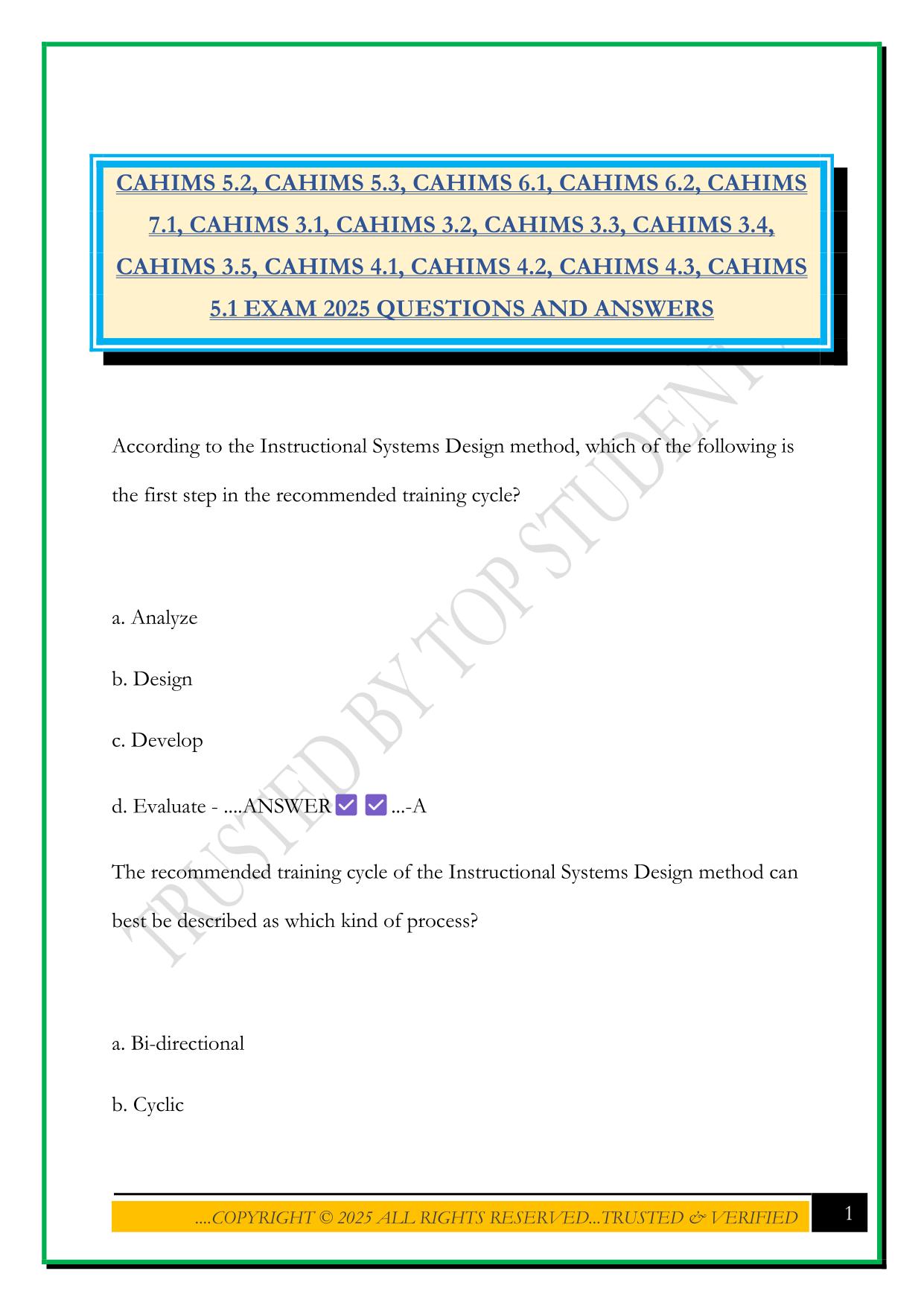 CAHIMS 5.2, CAHIMS 5.3, CAHIMS 6.1, CAHIMS 6.2, CAHIMS 7.1, CAHIMS 3.1, CAHIMS 3.2, CAHIMS 3.3, CAHIMS 3.4, CAHIMS 3.5, CAHIMS 4.1, CAHIMS 4.2, CAHIMS 4.3, CAHIMS 5.1 EXAM 2025 QUESTIONS AND ANSWERS