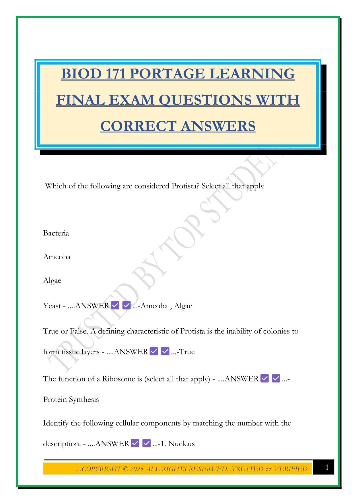 BIOD 171 PORTAGE LEARNING FINAL EXAM QUESTIONS WITH CORRECT ANSWERS