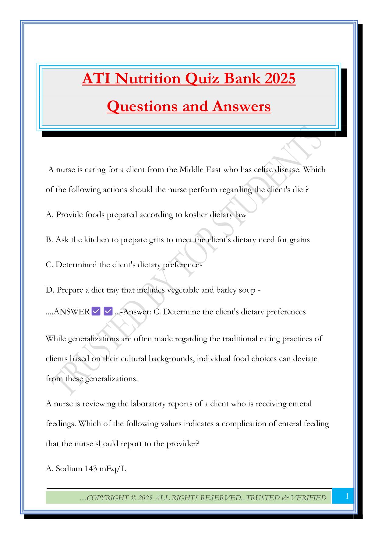 ATI Nutrition Quiz Bank 2025 Questions and Answers