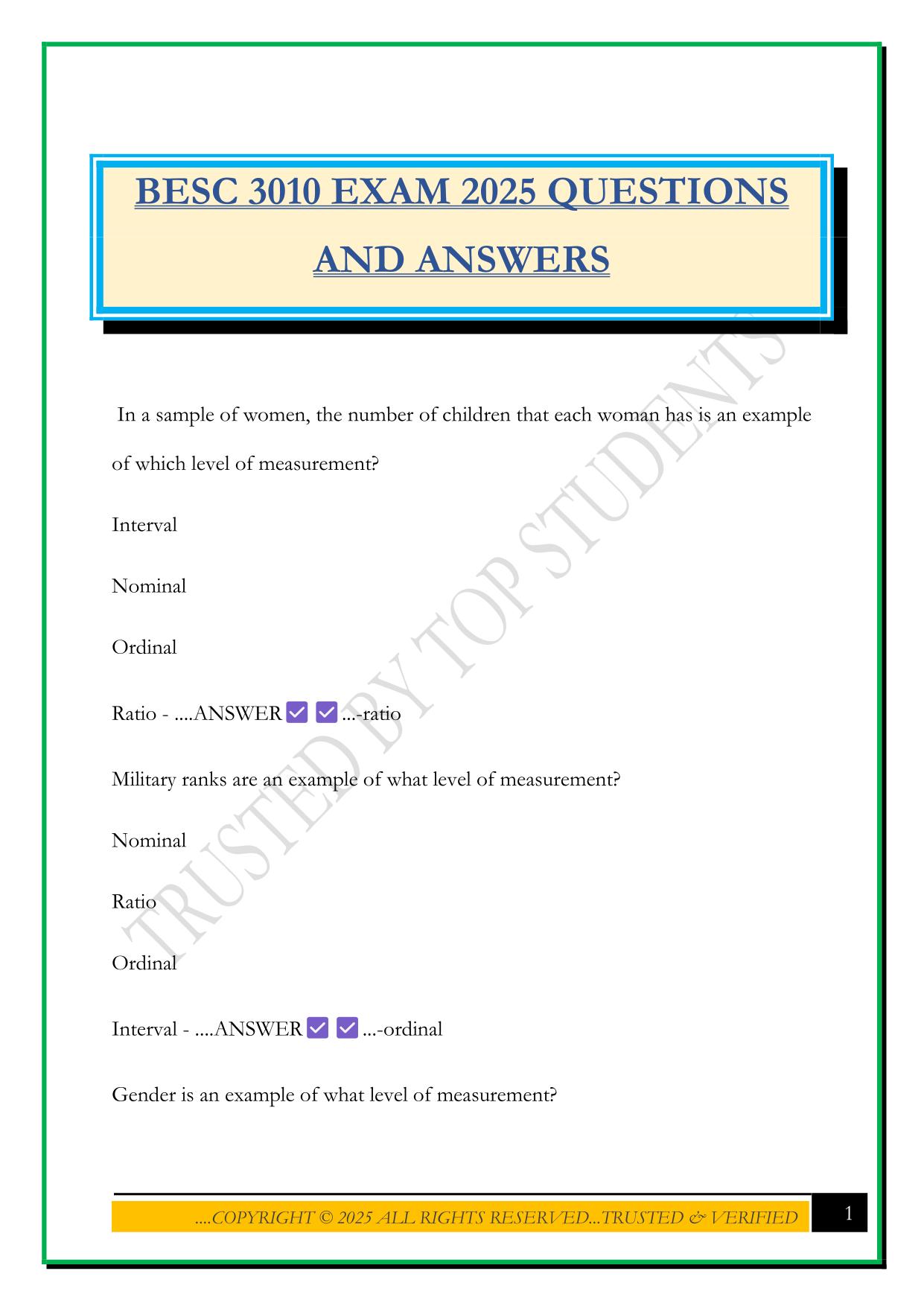 BESC 3010 EXAM 2025 QUESTIONS AND ANSWERS
