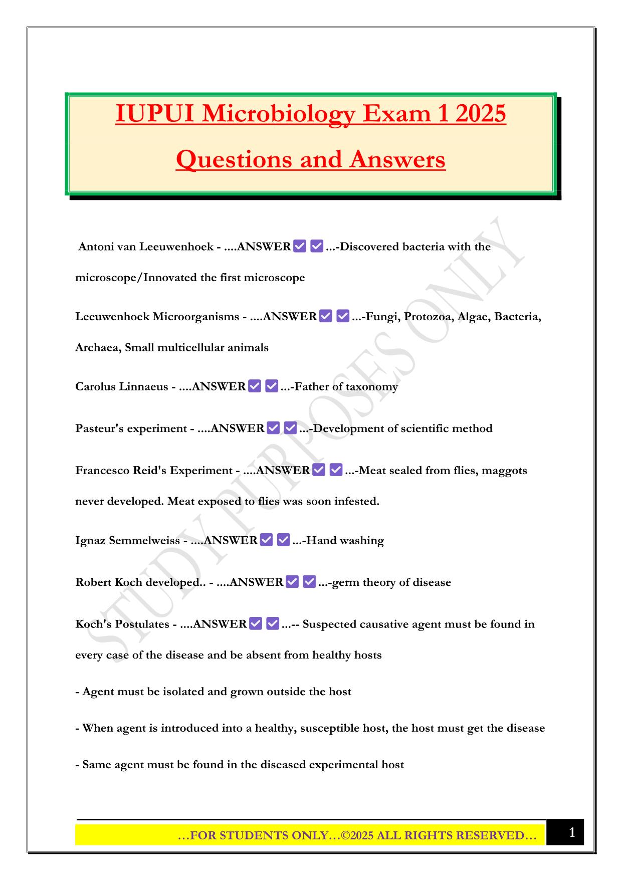 IUPUI Microbiology Exam 1 2025 Questions and Answers