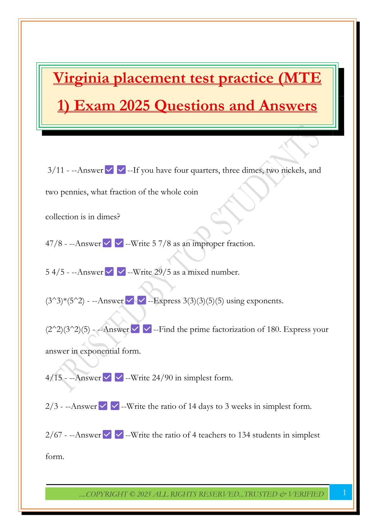 Virginia placement test practice (MTE 1) Exam 2025 Questions and Answers