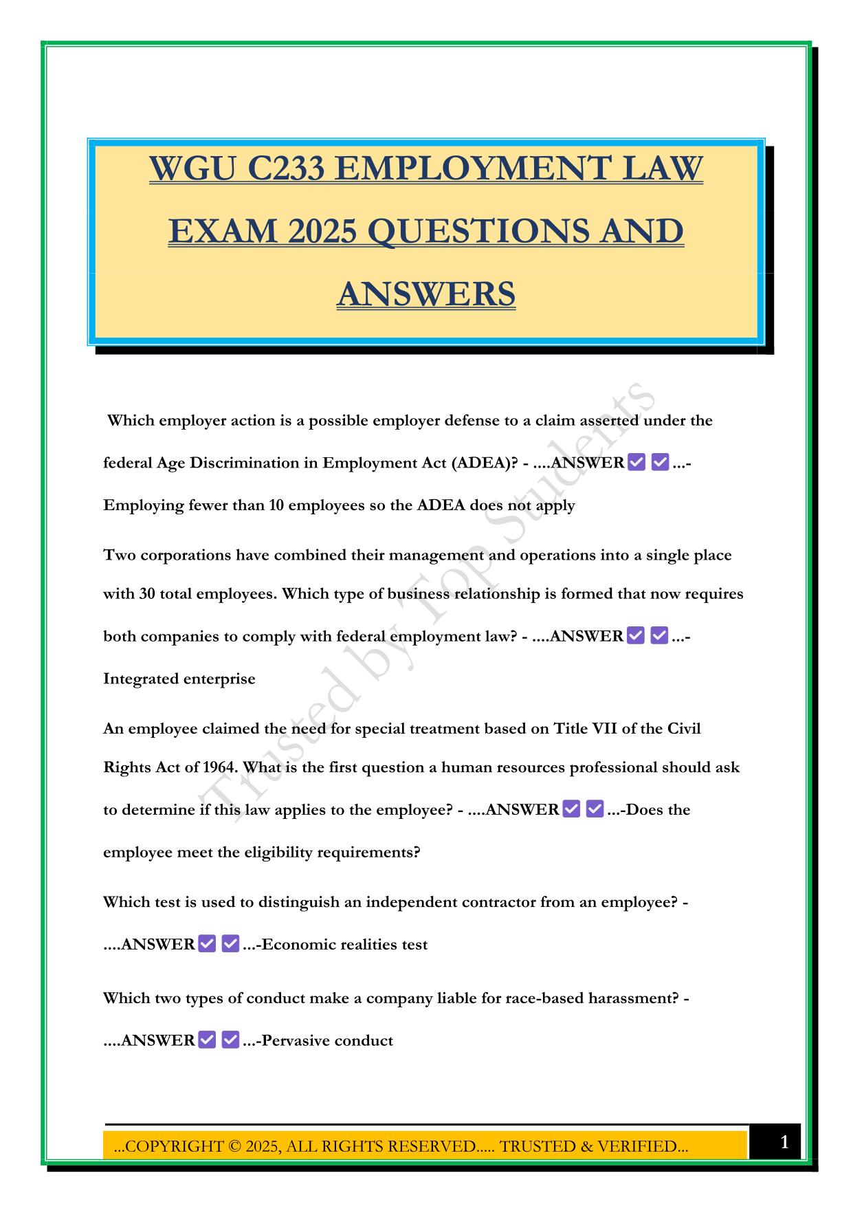 WGU EMPLOYMENT LAW C233 EXAM 2025 QUESTIONS AND ANSWERS