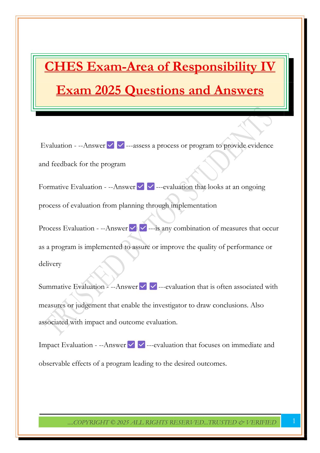 CHES Exam-Area of Responsibility IV Exam 2025 Questions and Answers