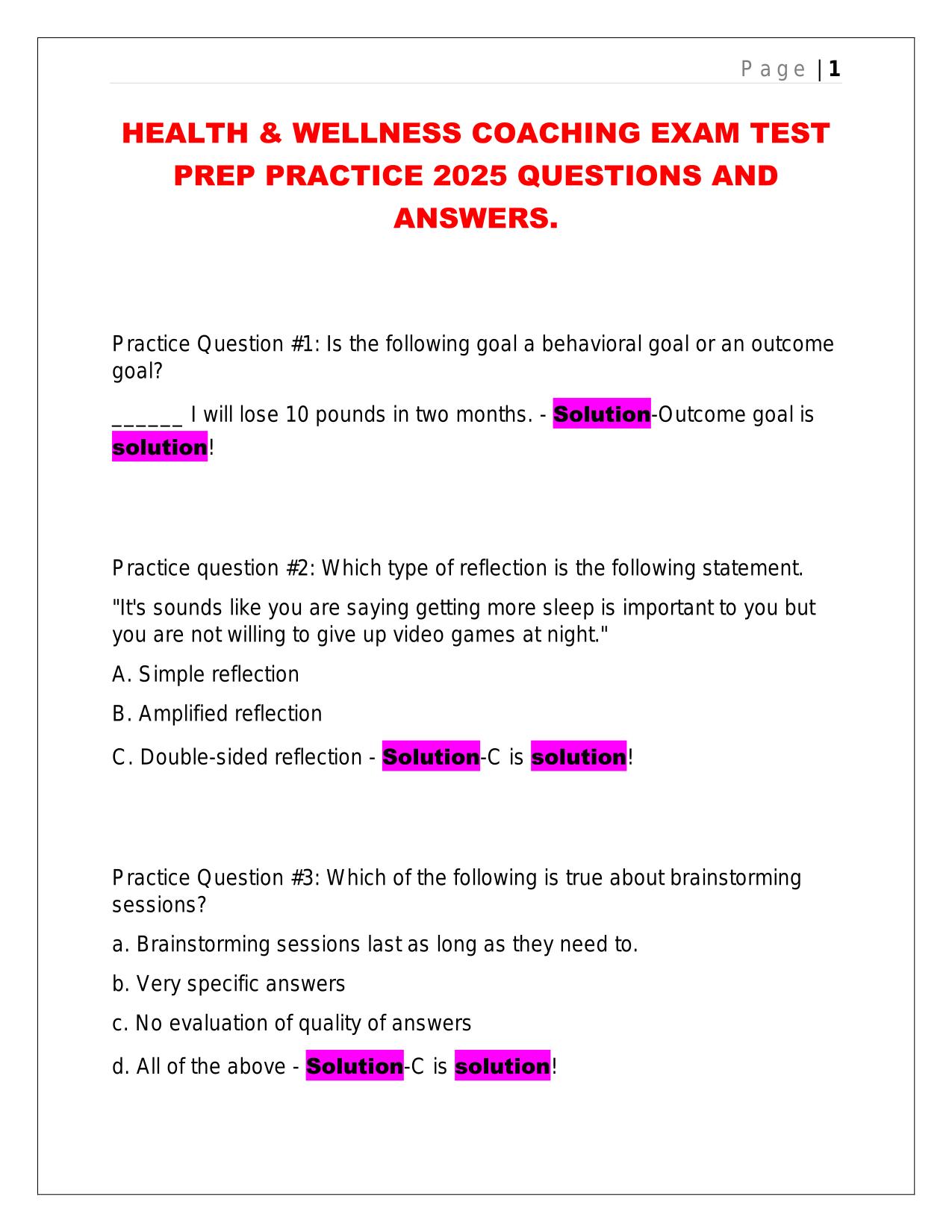 HEALTH & WELLNESS COACHING EXAM TEST PREP PRACTICE 2025 QUESTIONS AND ANSWERS.