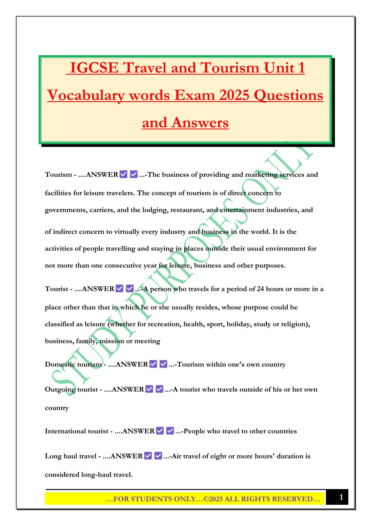 IGCSE Travel and Tourism Unit 1 Vocabulary words Exam 2025 Questions and Answers