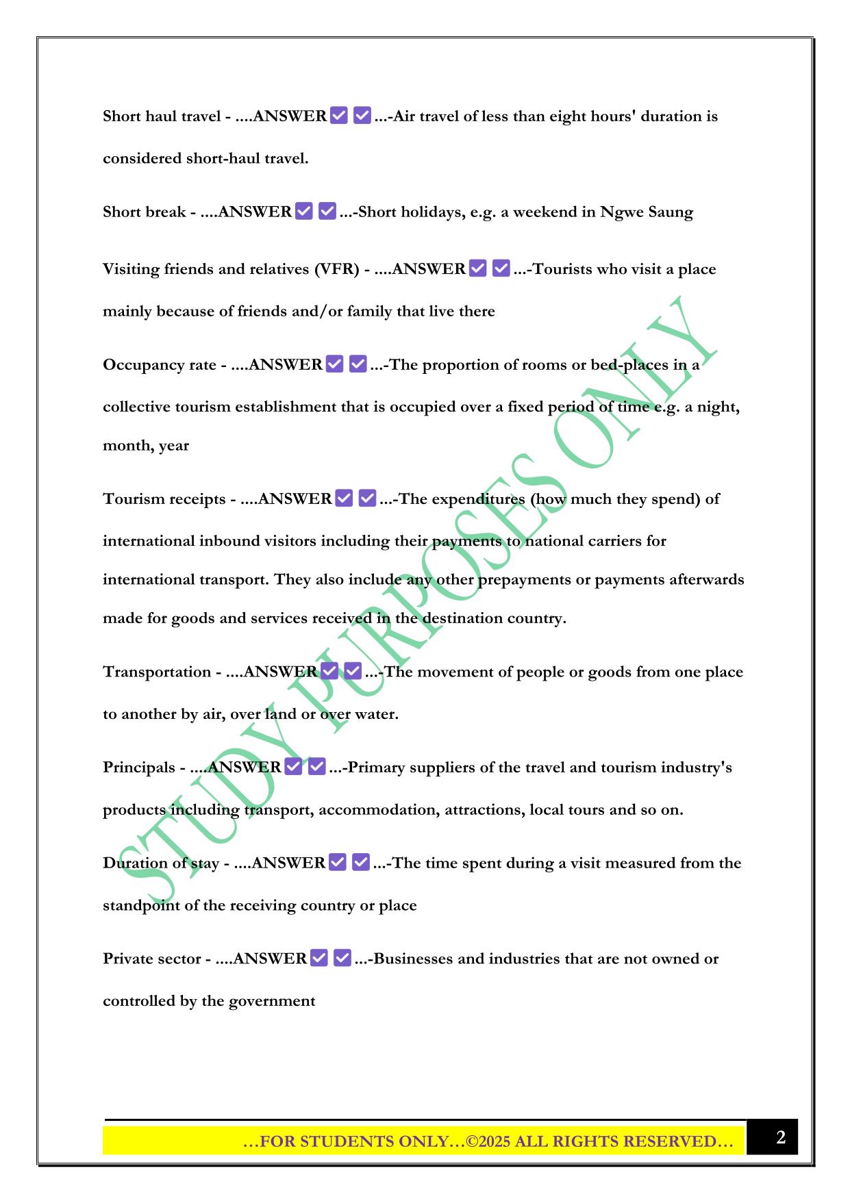 IGCSE Travel and Tourism Unit 1 Vocabulary words Exam 2025 Questions and Answers
