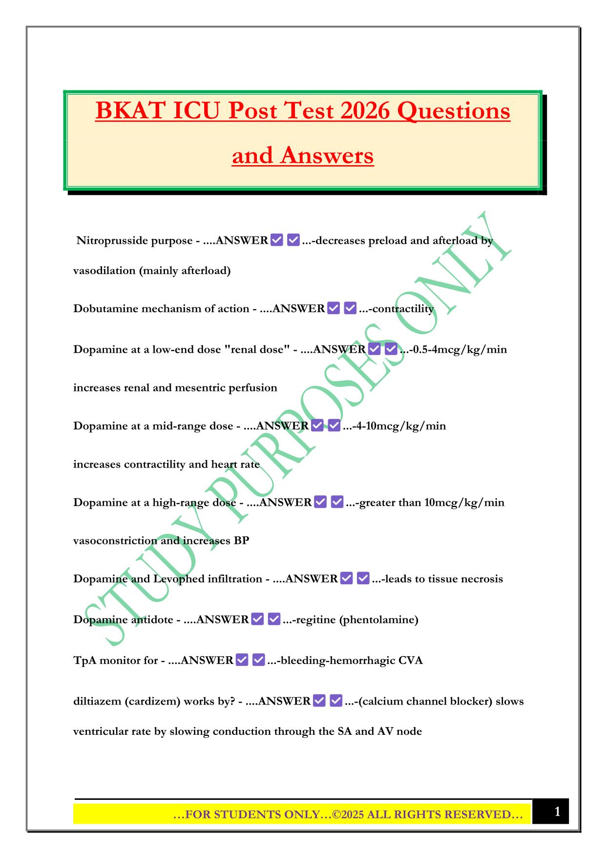 BKAT ICU Post Test 2026 Questions and Answers