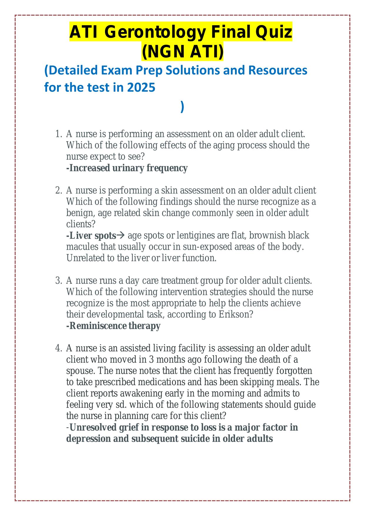 ATI Gerontology Final Quiz (NGN ATI) (Detailed Exam Prep Solutions and Resources for the test in 2025